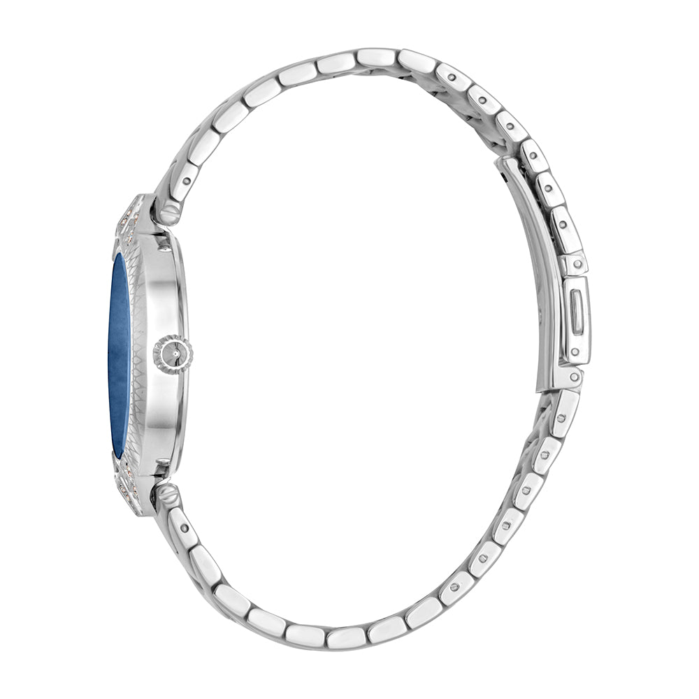 Just Cavalli Animalier Luce watch shown from the side with silver bracelet and blue dial visible