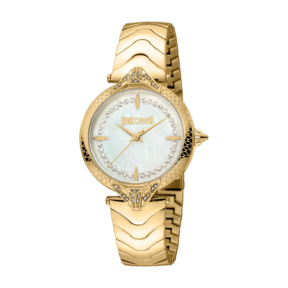 Just Cavalli Animalier Luce yellow gold women's watch with mother-of-pearl dial and crystal markers