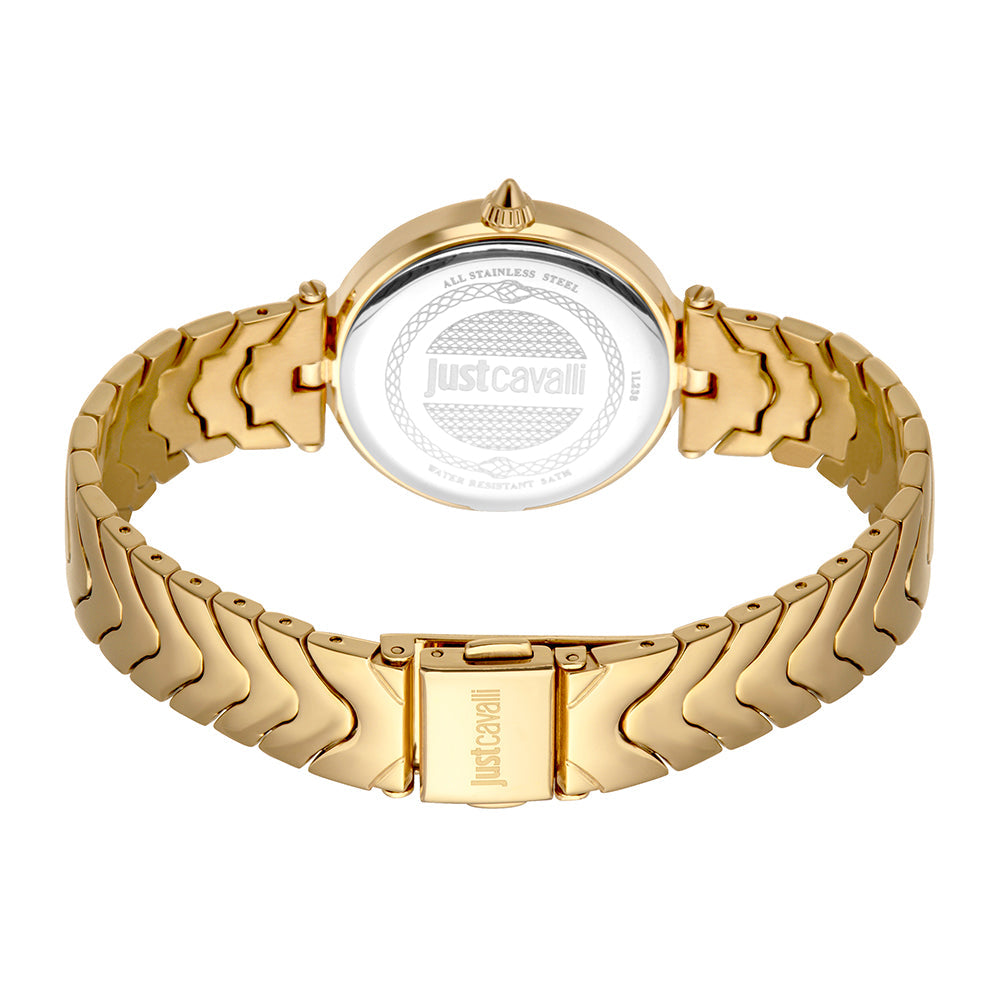 Caseback view of Just Cavalli Animalier watch showing engraved back and gold bracelet