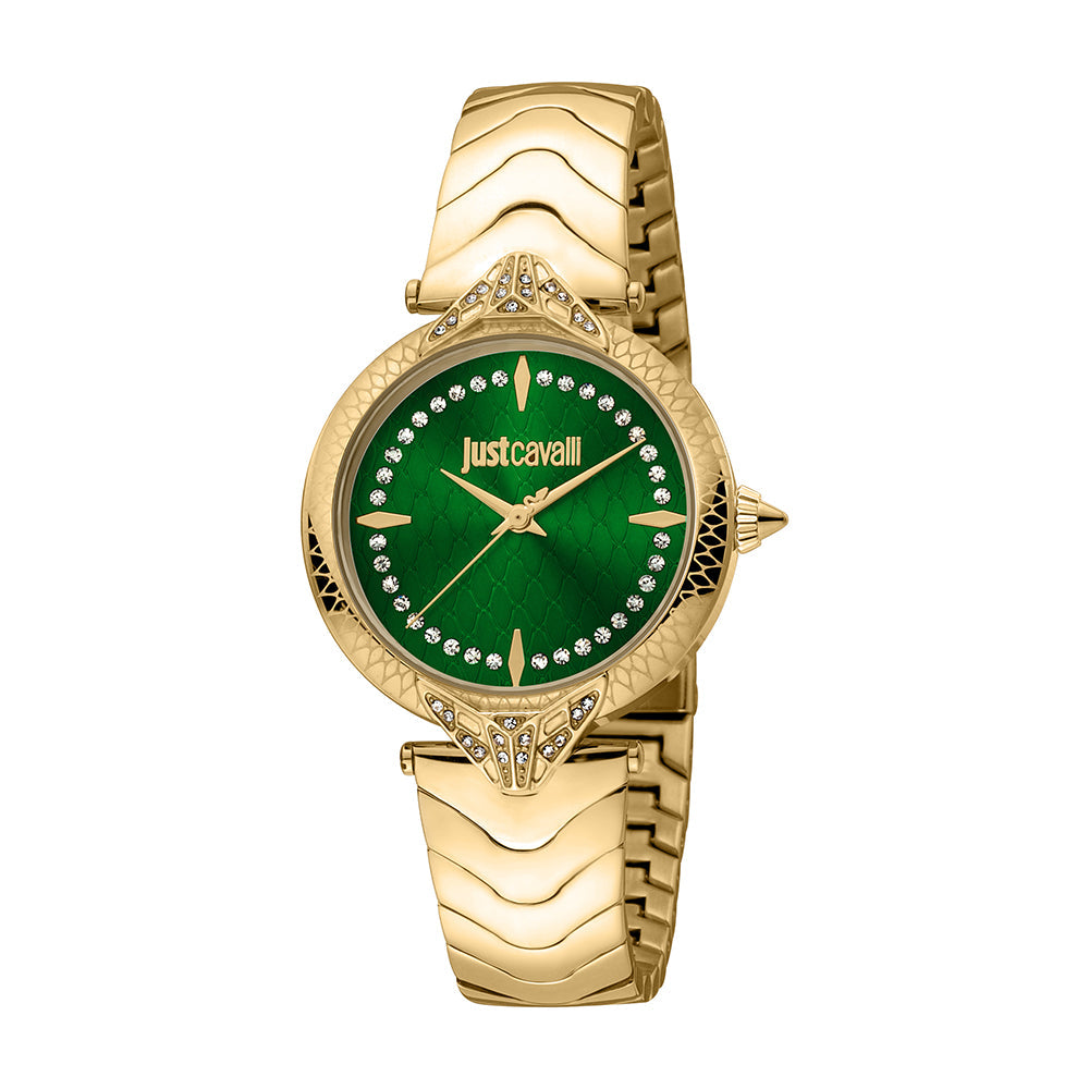 Just Cavalli Animalier women's watch with green dial, gold-tone case and bracelet
