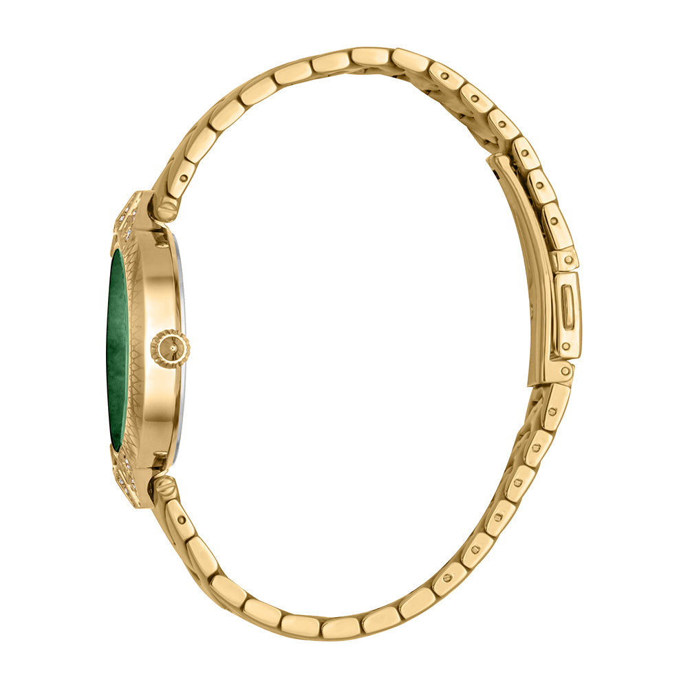 Side view of Just Cavalli Animalier watch showing gold-tone bracelet and green dial