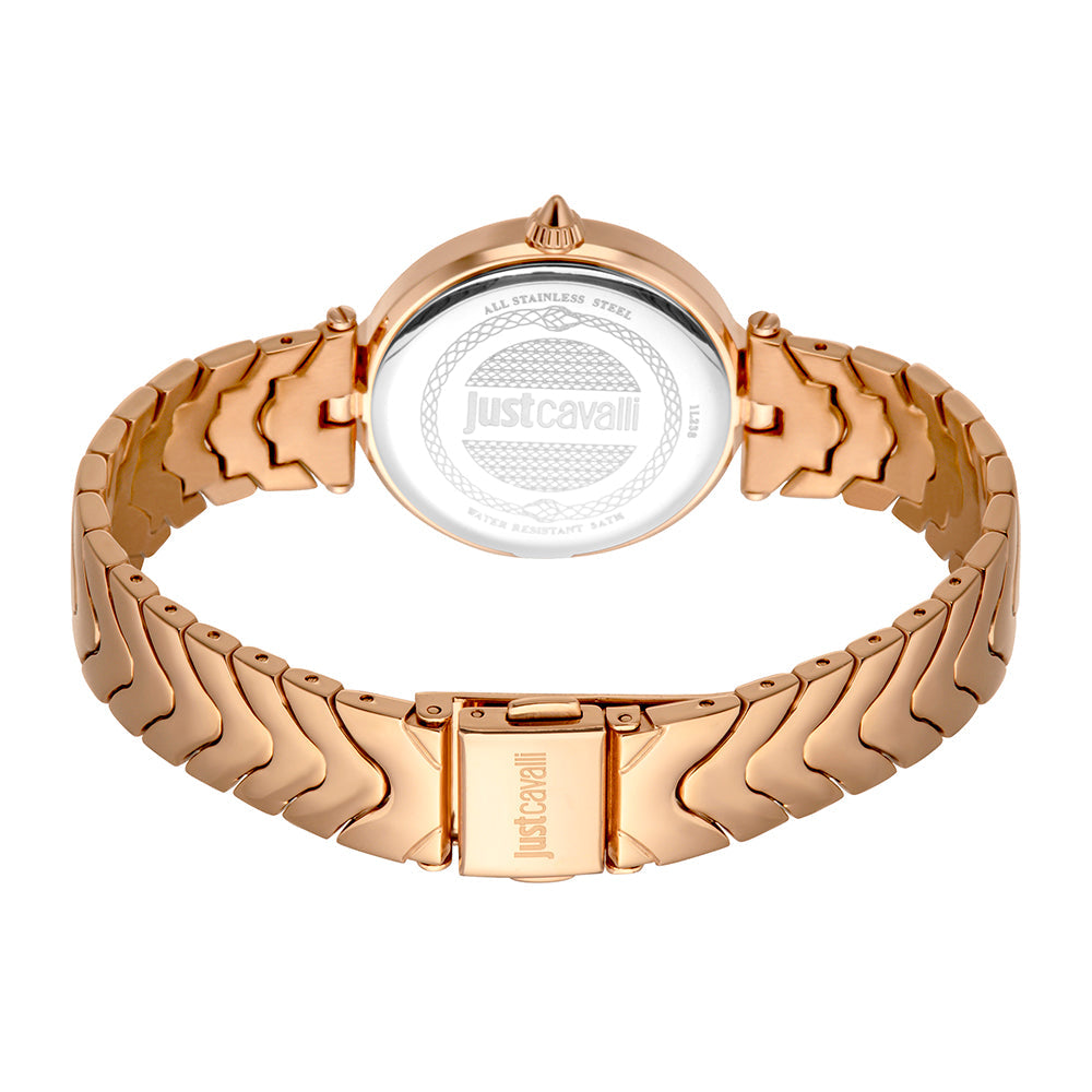 Just Cavalli Animalier Luce rose gold women's watch viewed from caseback with matching bracelet