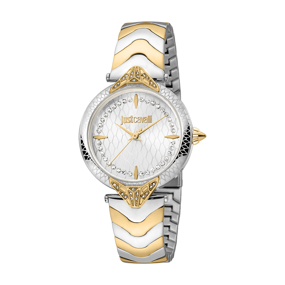 Just Cavalli Animalier Luce two-tone watch with white dial and diamond bezel