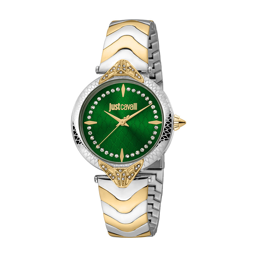 Just Cavalli women's watch with green dial, crystal bezel, two-tone stainless steel strap