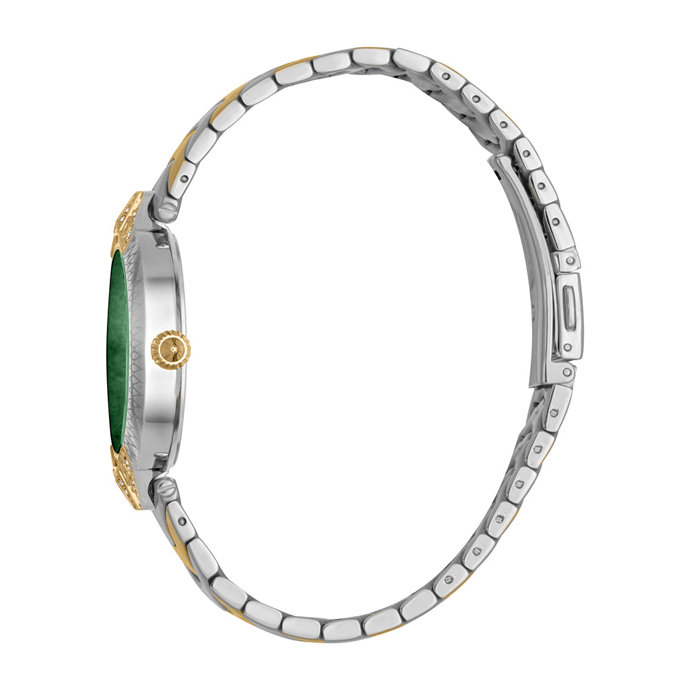 Side view of Just Cavalli watch with two-tone stainless steel bracelet and green dial