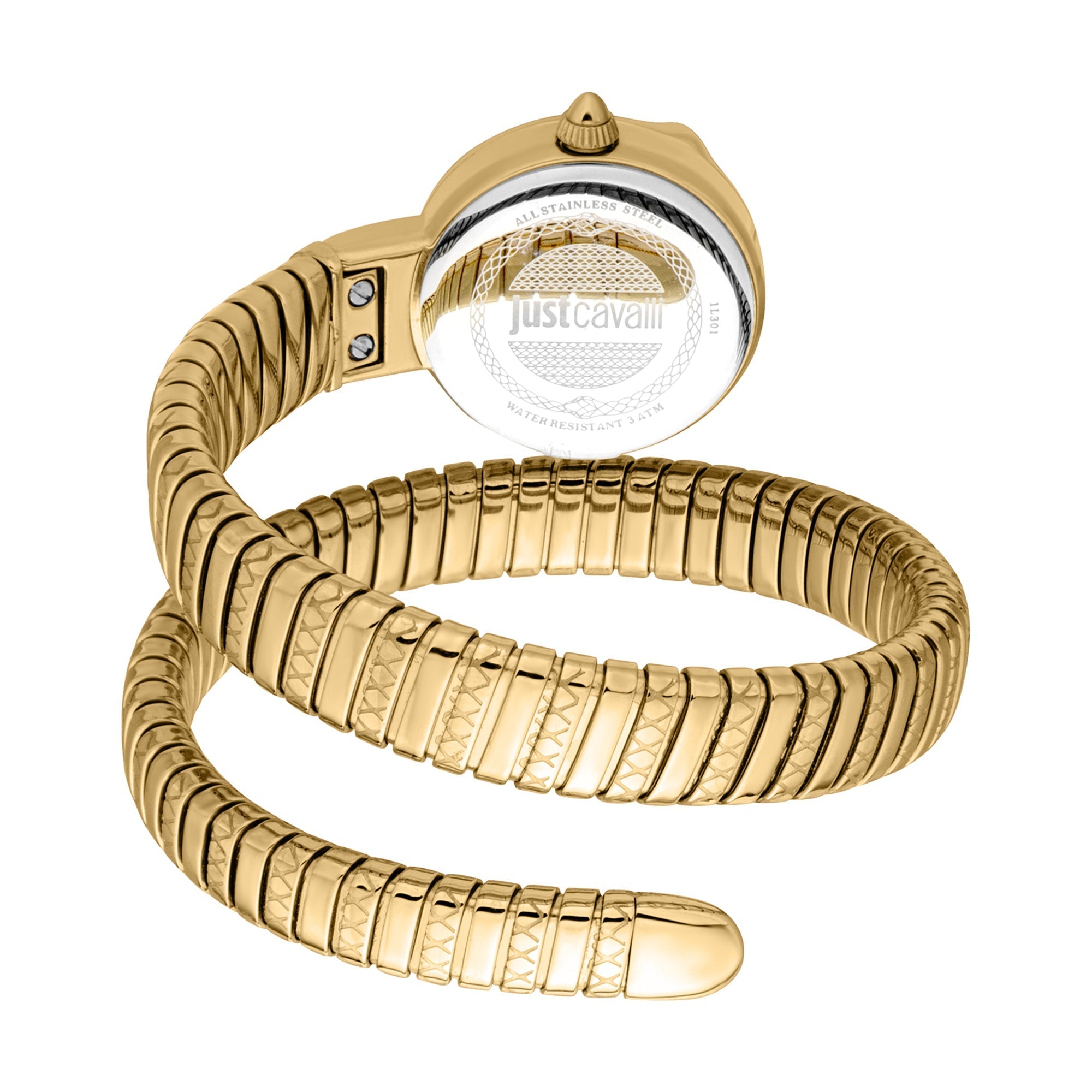 Just Cavalli Signature Snake Cerchio watch side view showing coiled snake strap design and white dial