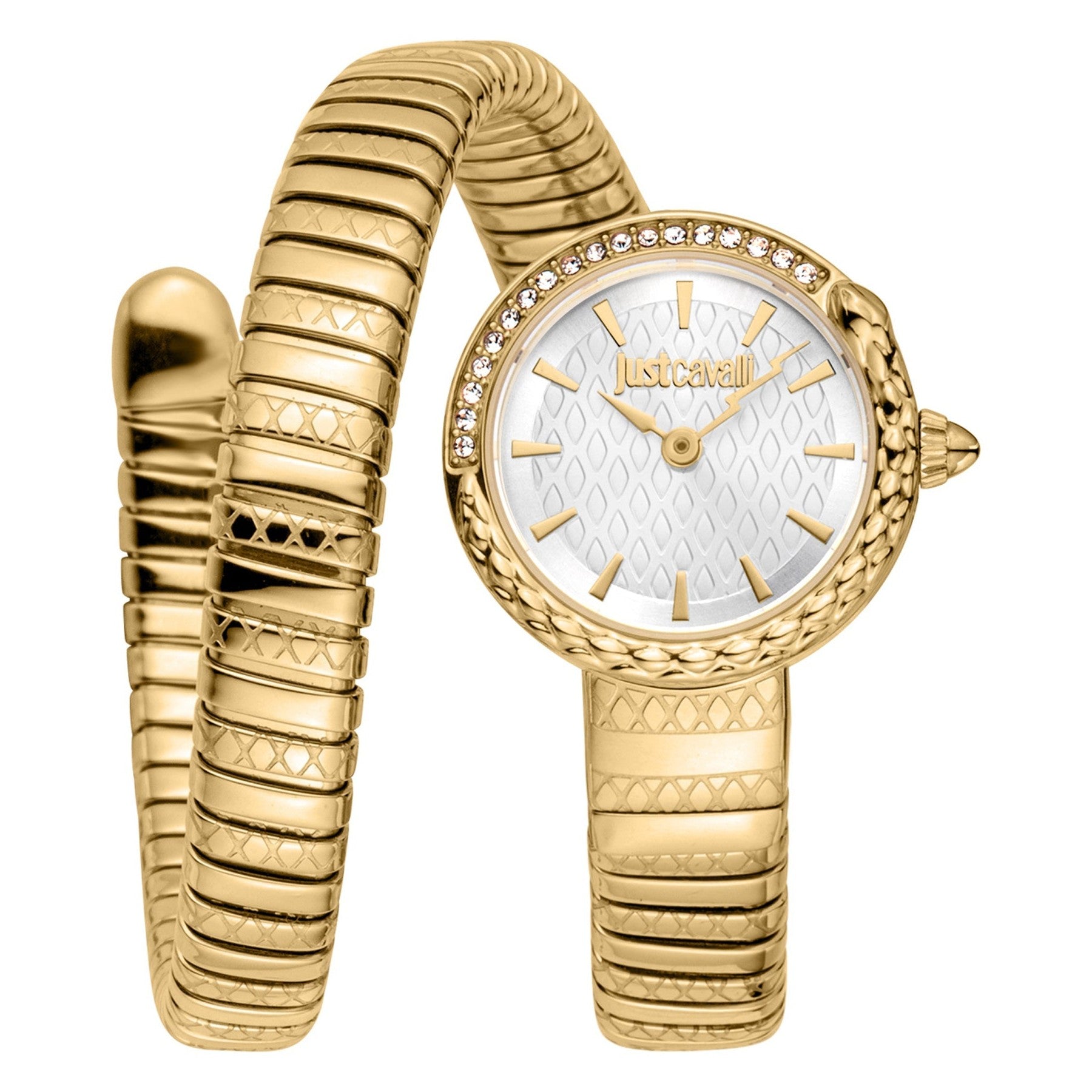 Just Cavalli Signature Snake Cerchio yellow gold women's watch with white dial and snake-design strap