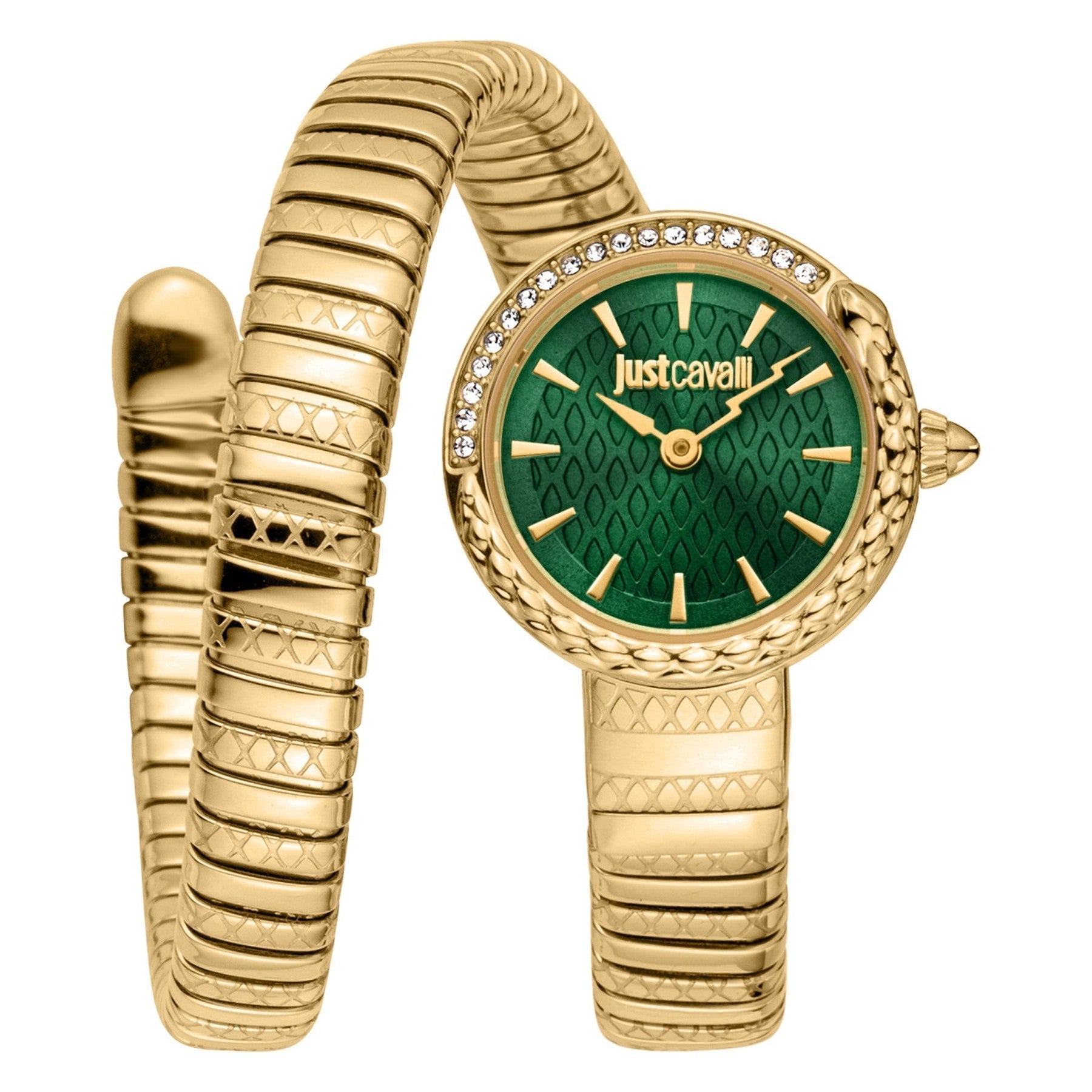 Just Cavalli gold women's watch with dark green dial, crystal bezel, and flexible gold strap