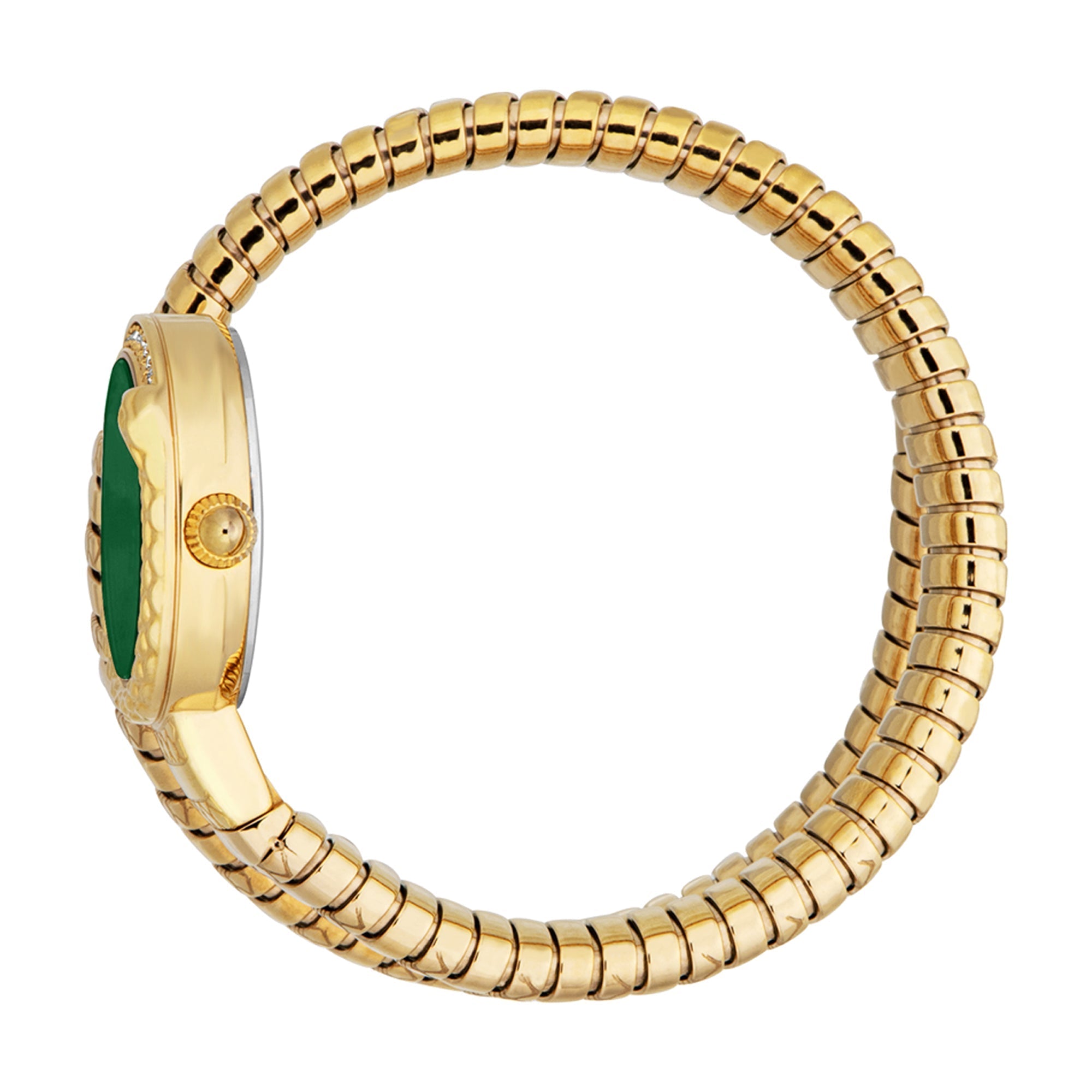 Side view of Just Cavalli watch showing gold case profile and flexible bracelet strap