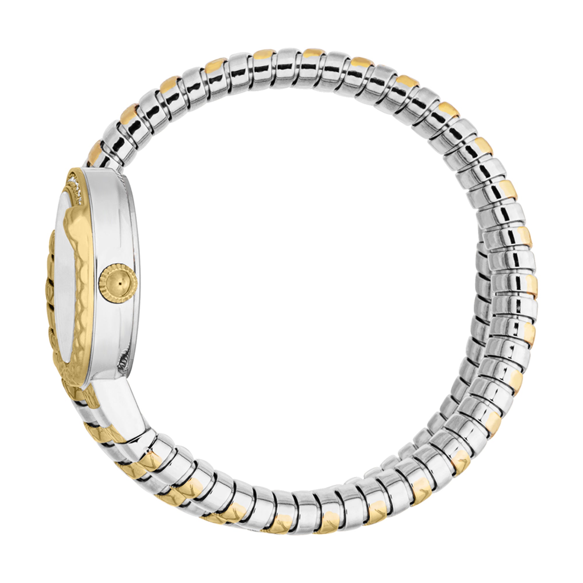 Just Cavalli Snake Cerchio watch displayed at angle showing two-tone metal snake strap design