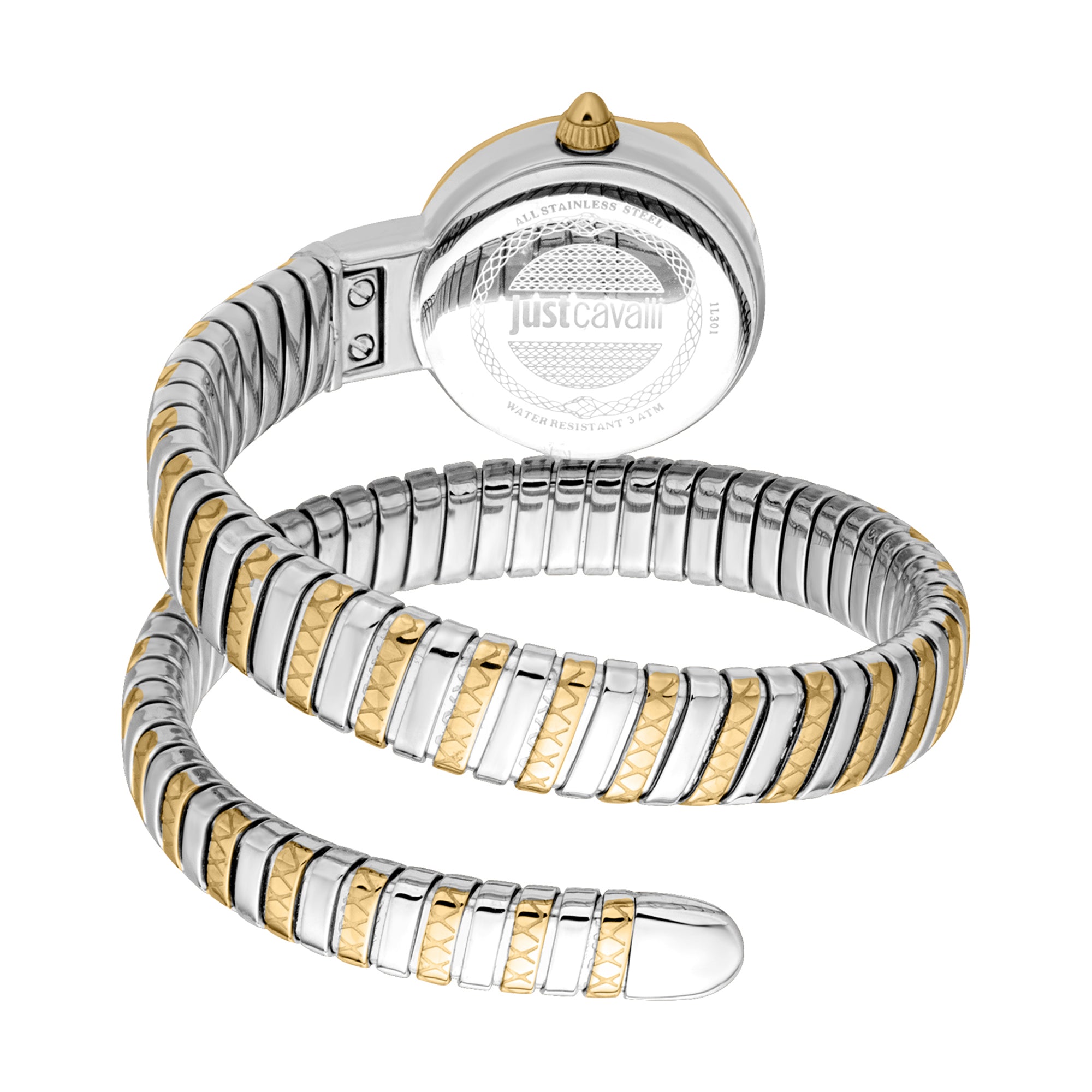 Just Cavalli Snake Cerchio watch worn as coiled bracelet with snake-shaped design on wrist