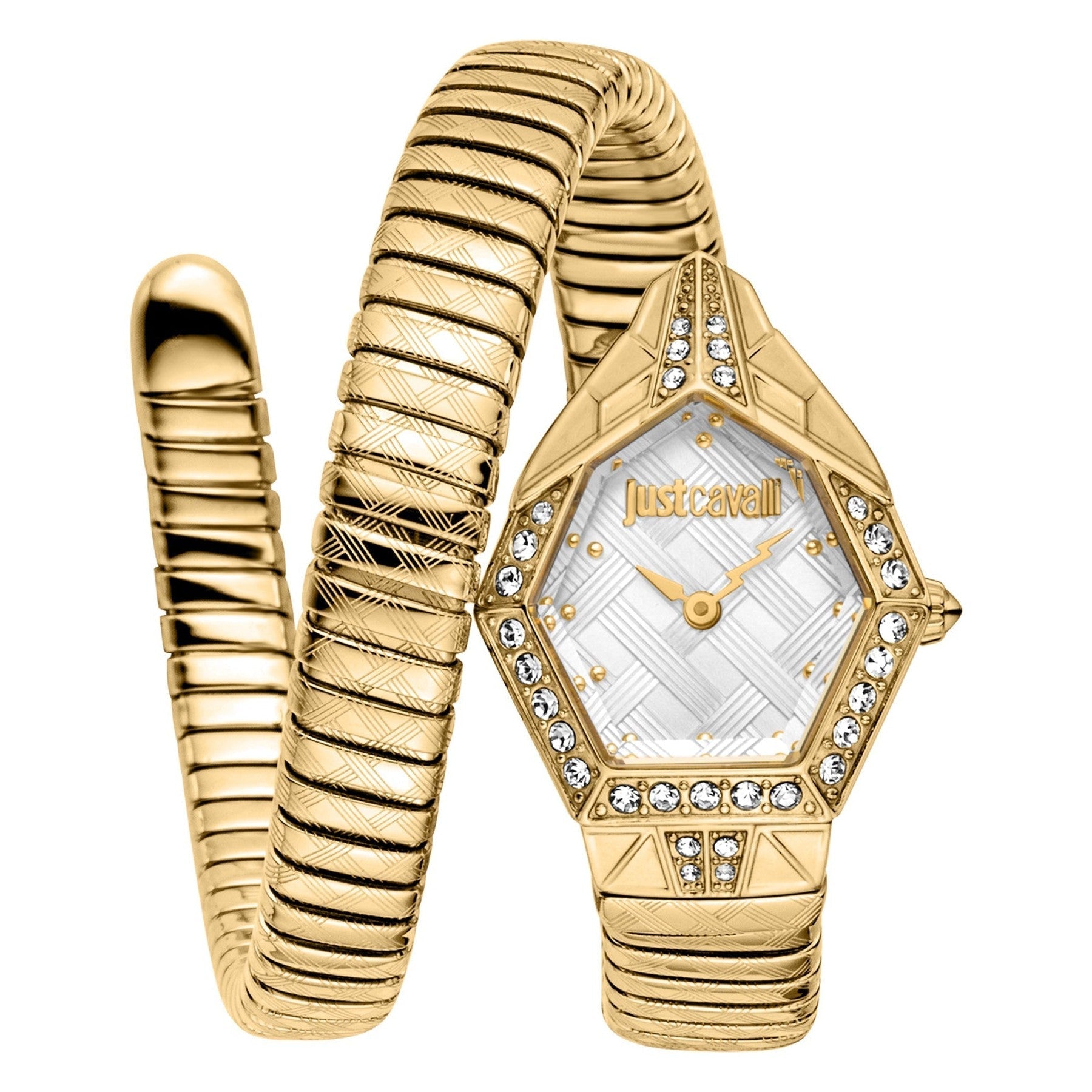 Just Cavalli Glam Chic gold women's watch with pentagon dial and crystal bezel, gold snake bracelet