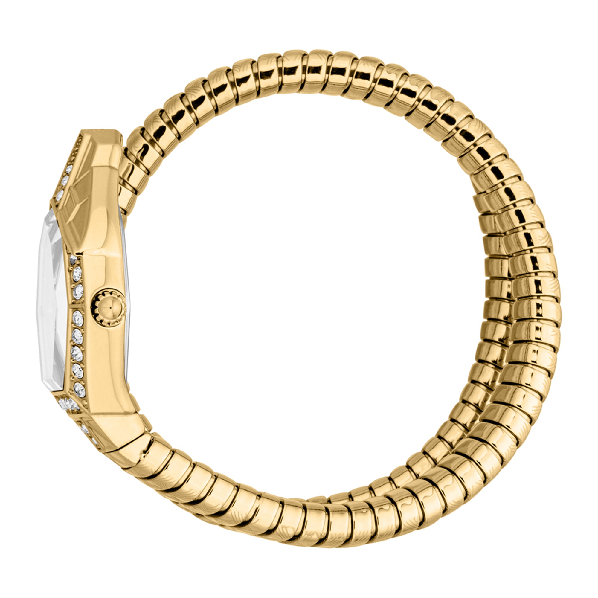 Just Cavalli Glam Chic watch side view showing crystal-studded case and coiled gold bracelet