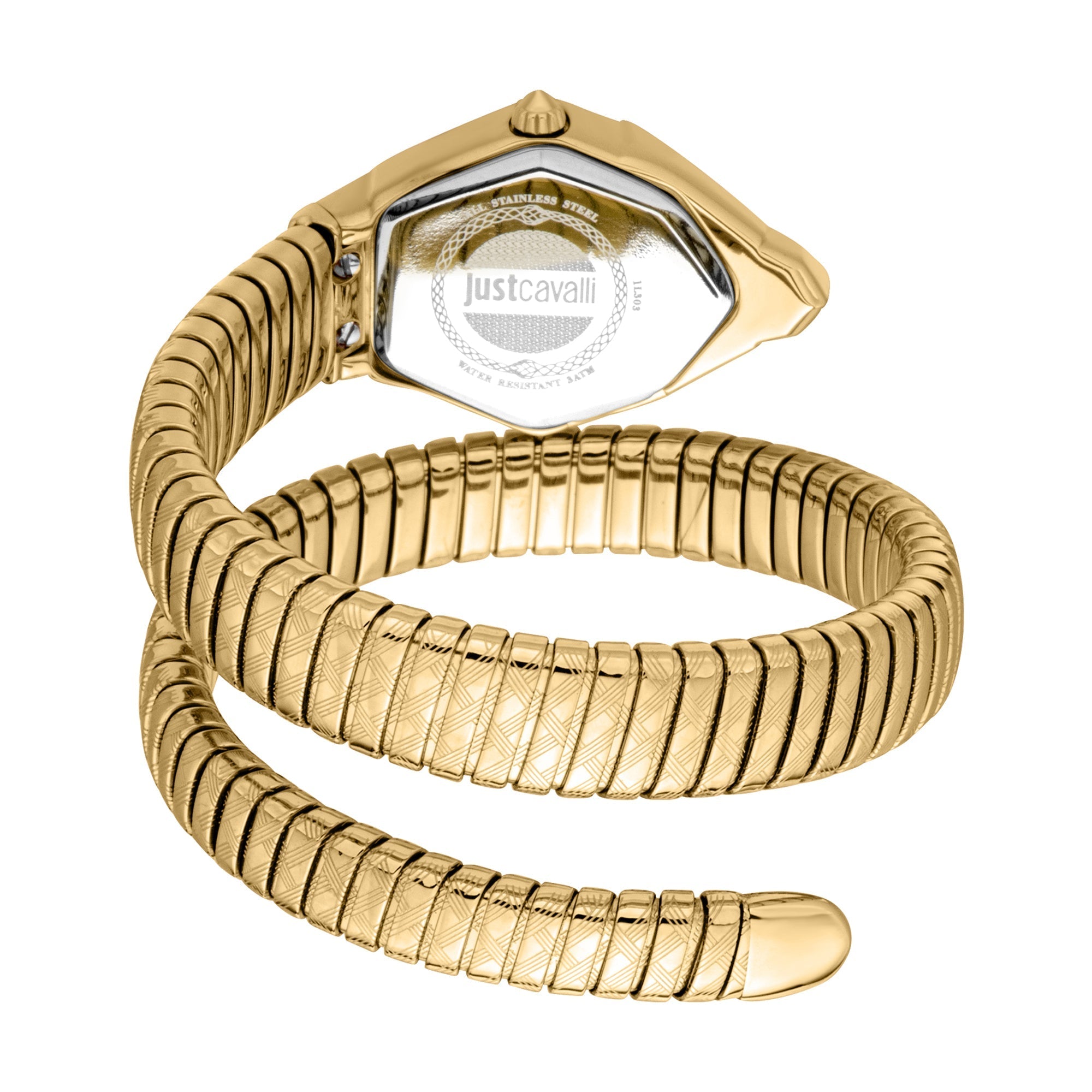 Just Cavalli Ornato watch caseback showing flexible gold snake coil band design