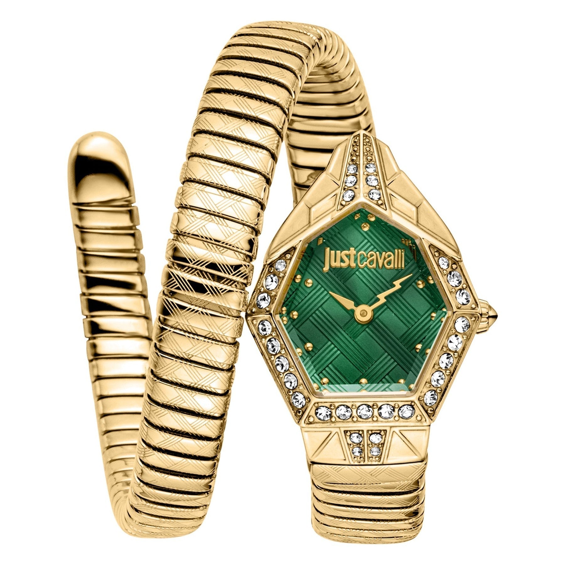 Just Cavalli Ornato gold watch with green dial and snake-coil band
