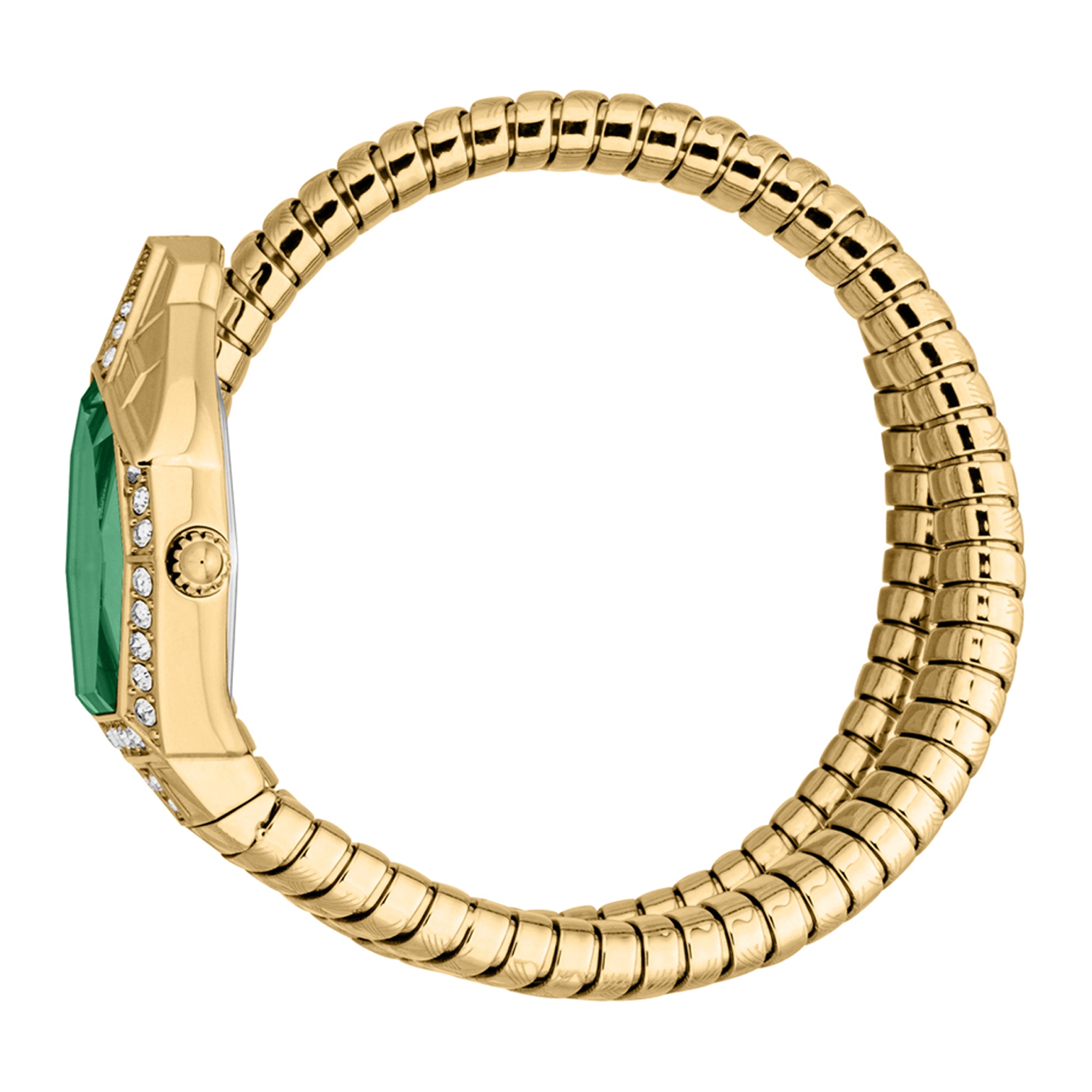 Gold snake-coil band with hexagonal case and green dial displayed flat