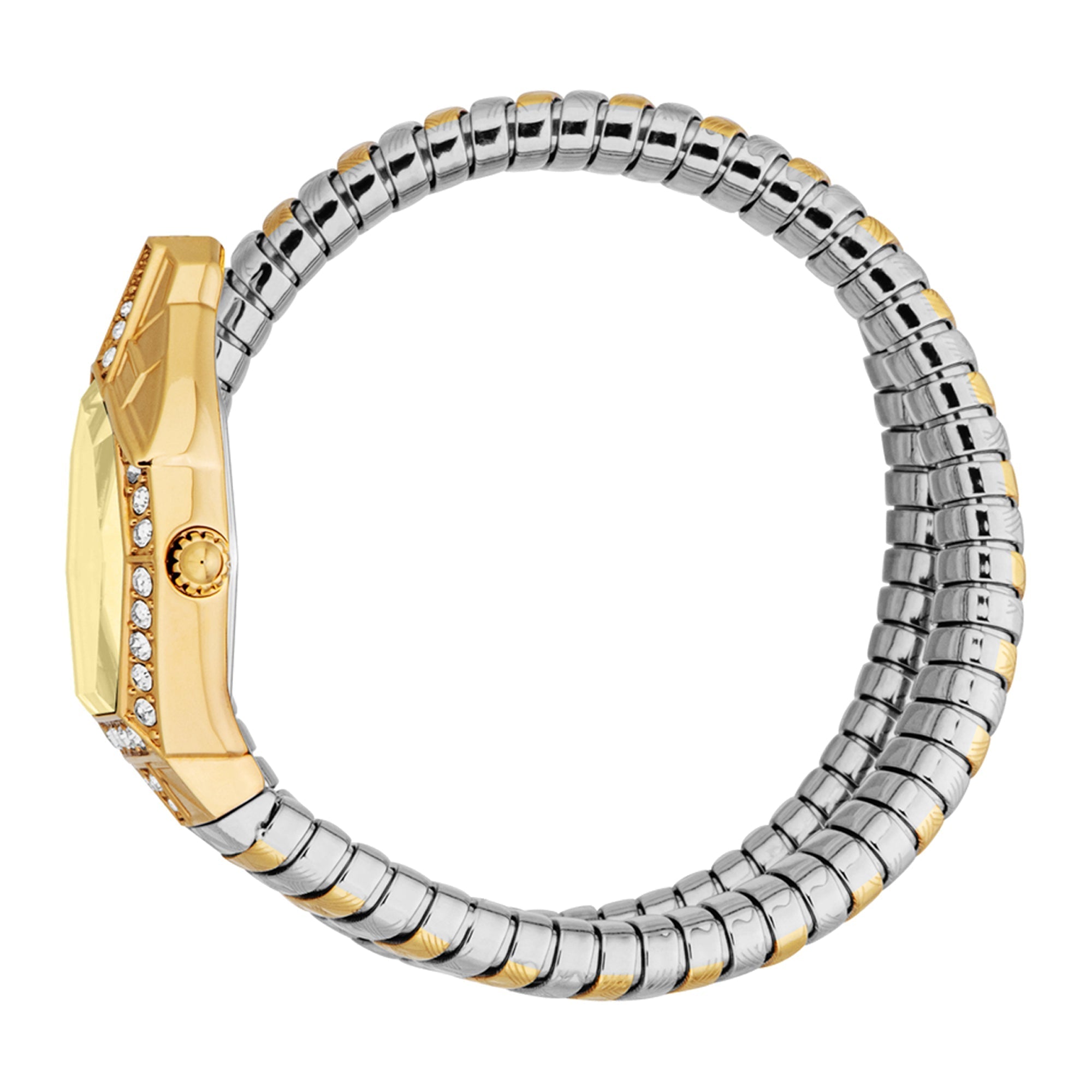 Just Cavalli Ornato Snake watch displayed flat showing two-tone gold and silver snake bracelet detail