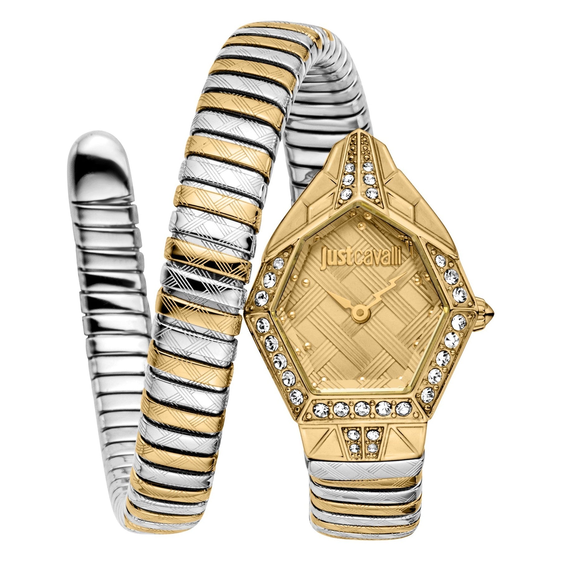Just Cavalli Ornato Snake two-tone gold and silver women's watch with coiled snake bracelet and hexagonal dial