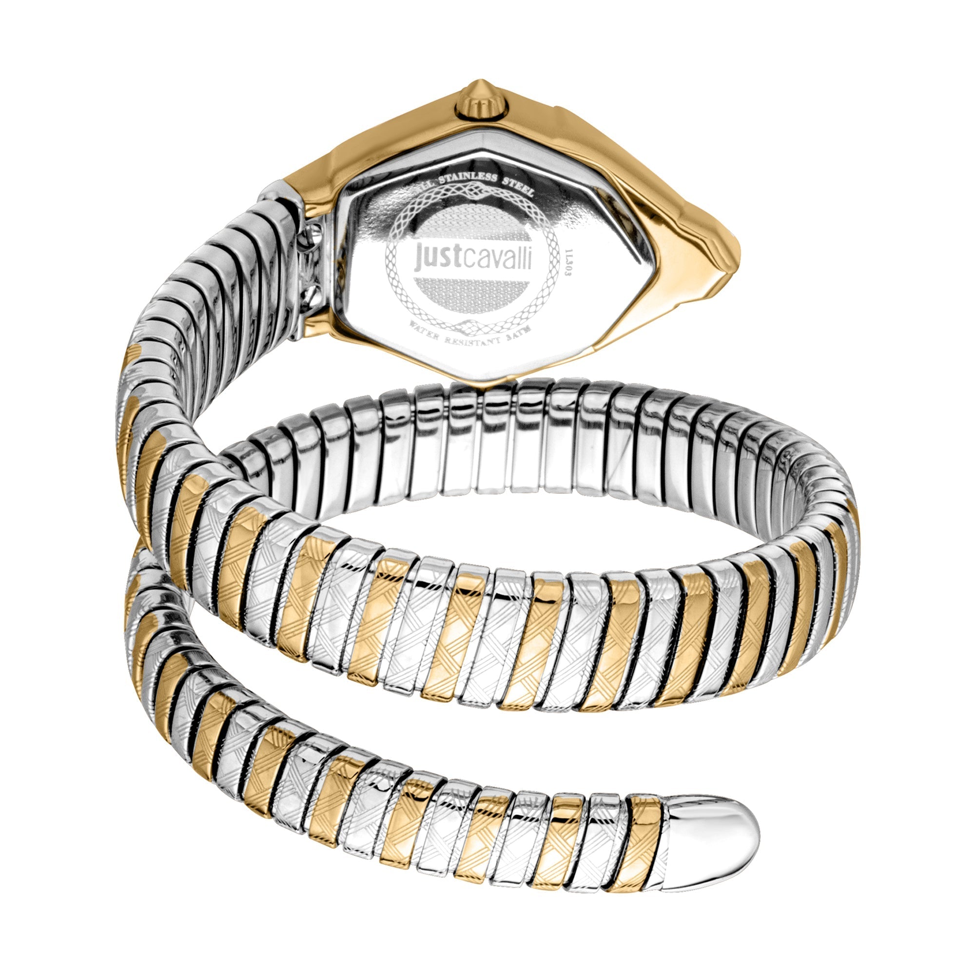 Just Cavalli Ornato Snake watch showing coiled snake bracelet construction with gold and silver segments