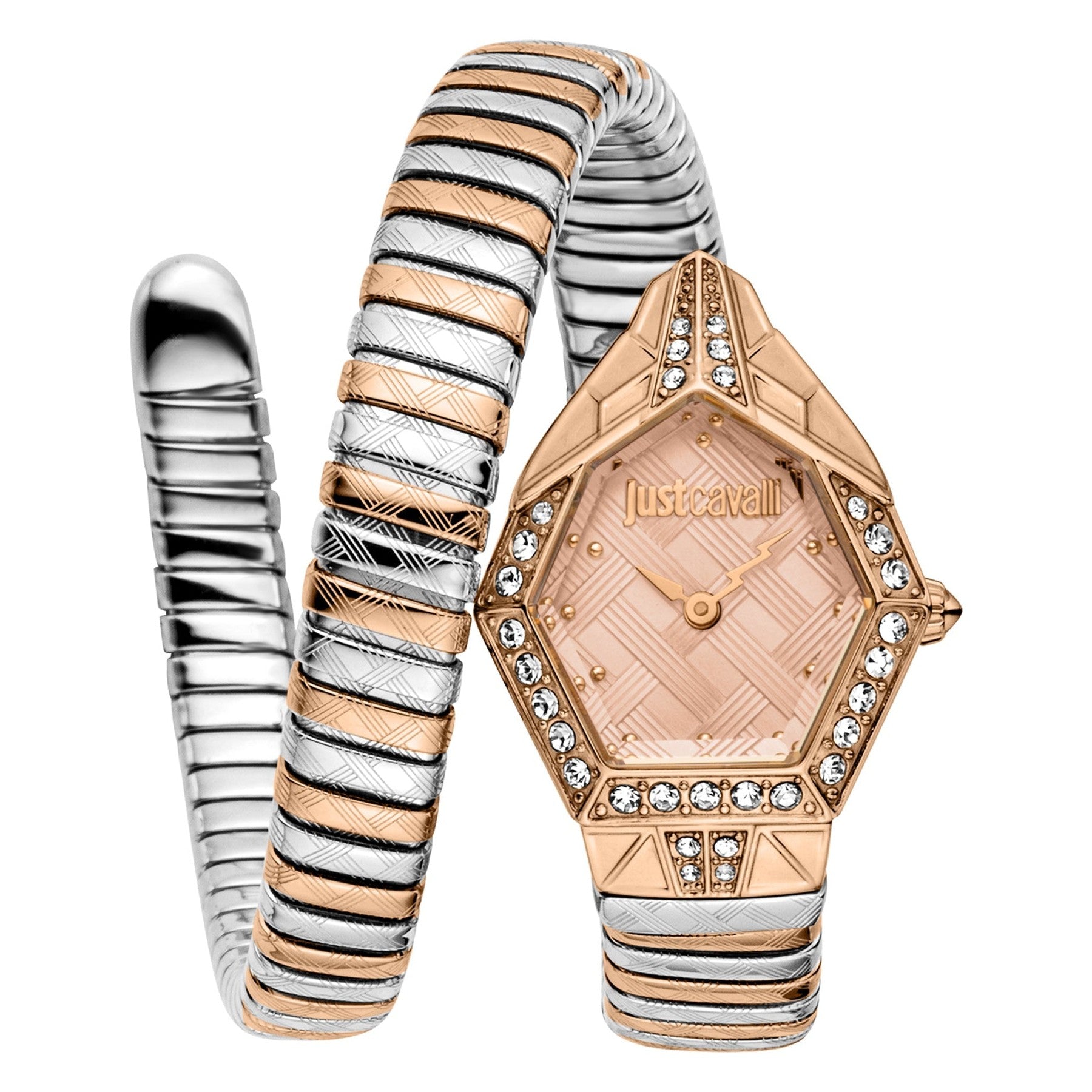 Just Cavalli Ornato Snake women's watch with rose gold hexagonal dial and two-tone snake bracelet