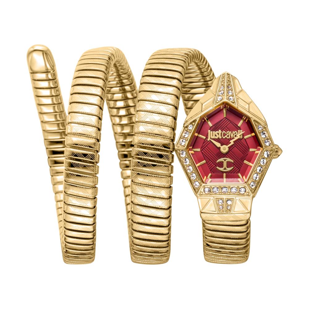 Just Cavalli Snake watch with yellow gold case, red dial, hexagonal face, and coiled snake bracelet