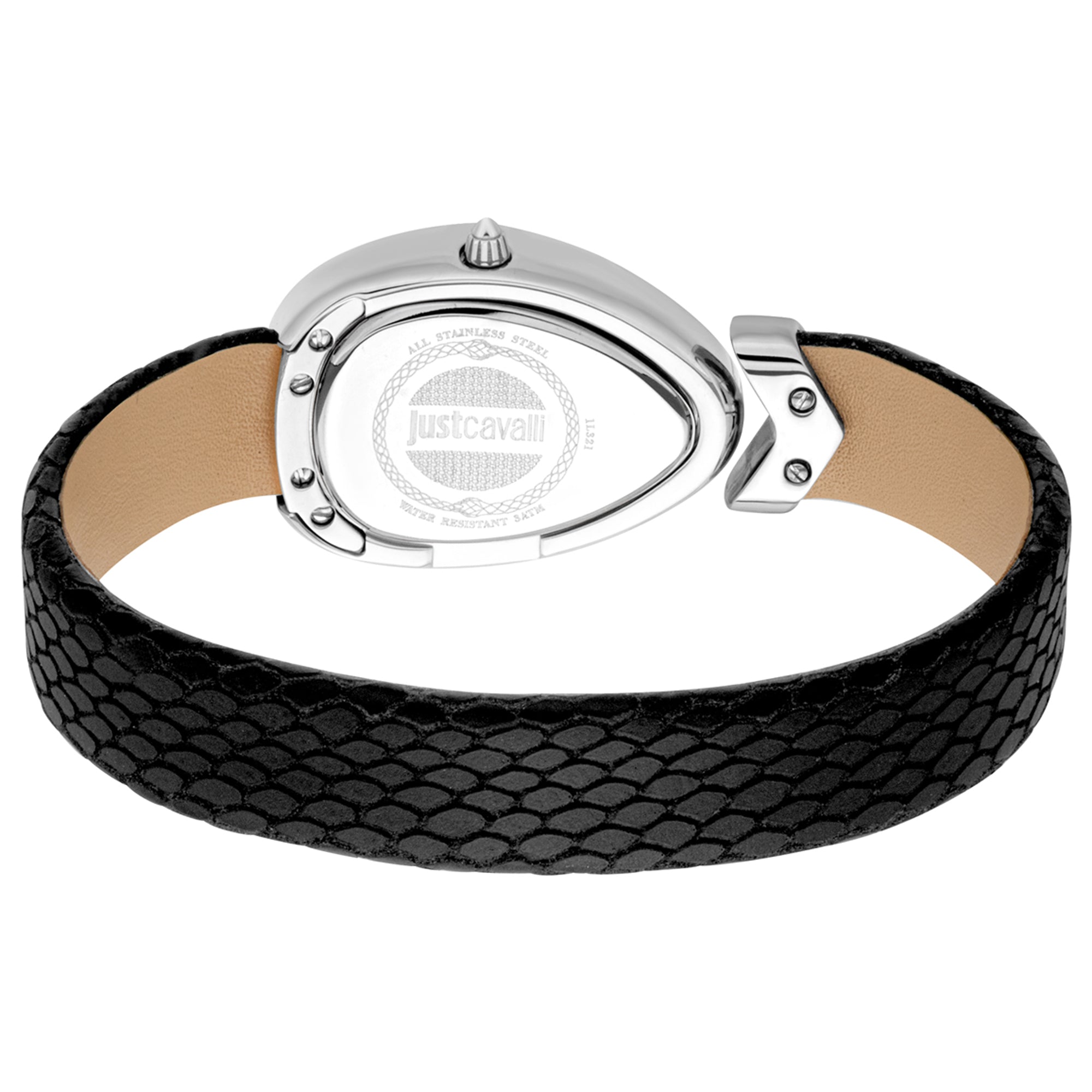Caseback view of Just Cavalli Signature Snake watch showing engraved logo and snake-textured leather strap