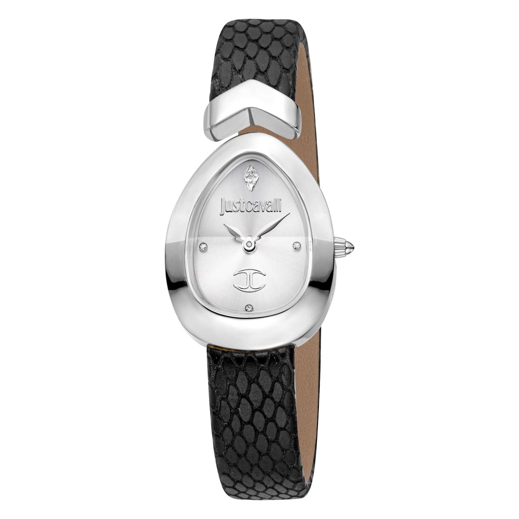 Just Cavalli Signature Snake Diversa watch with silver teardrop case and black snake-embossed leather strap