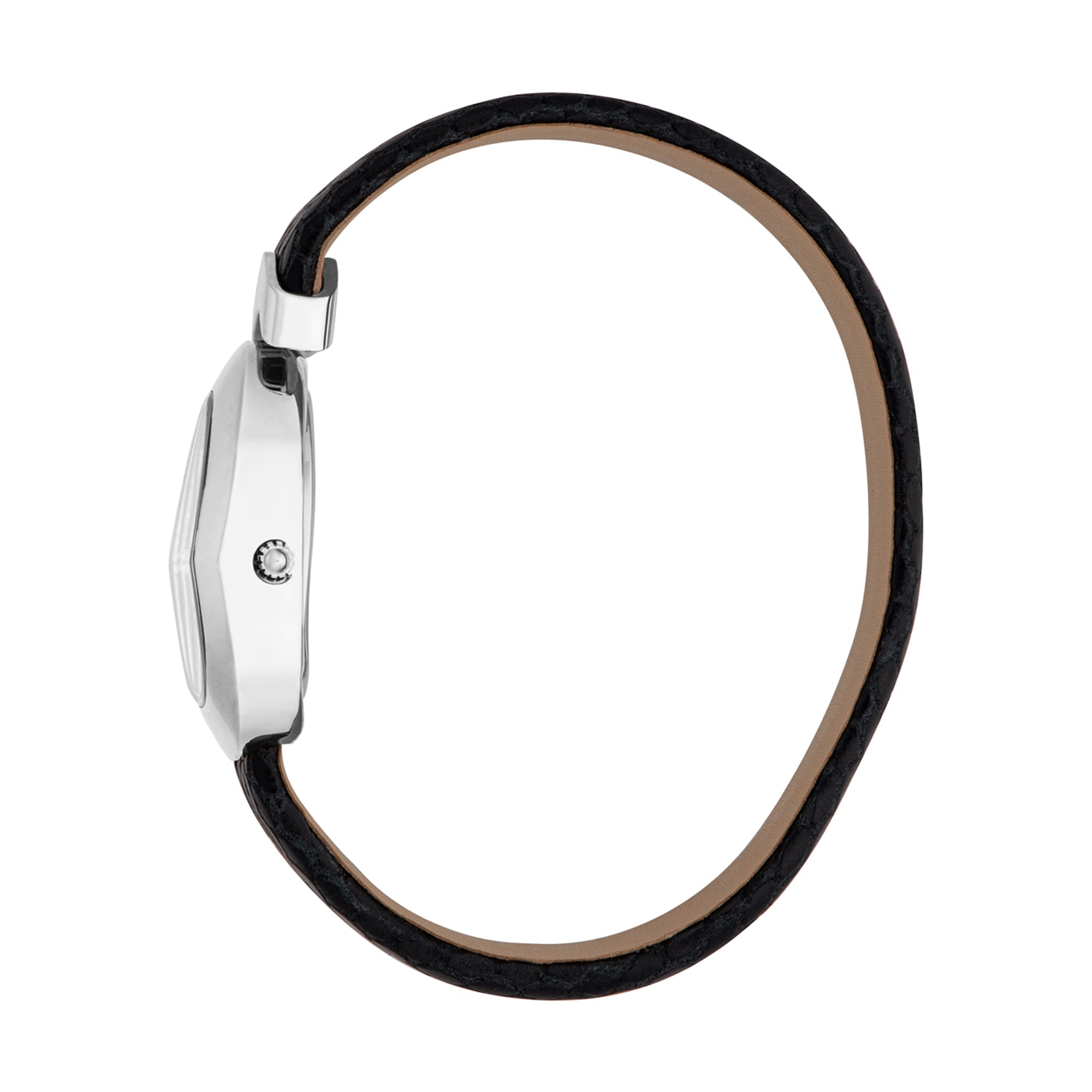 Side view of Just Cavalli Signature Snake watch showing teardrop case profile and black leather strap