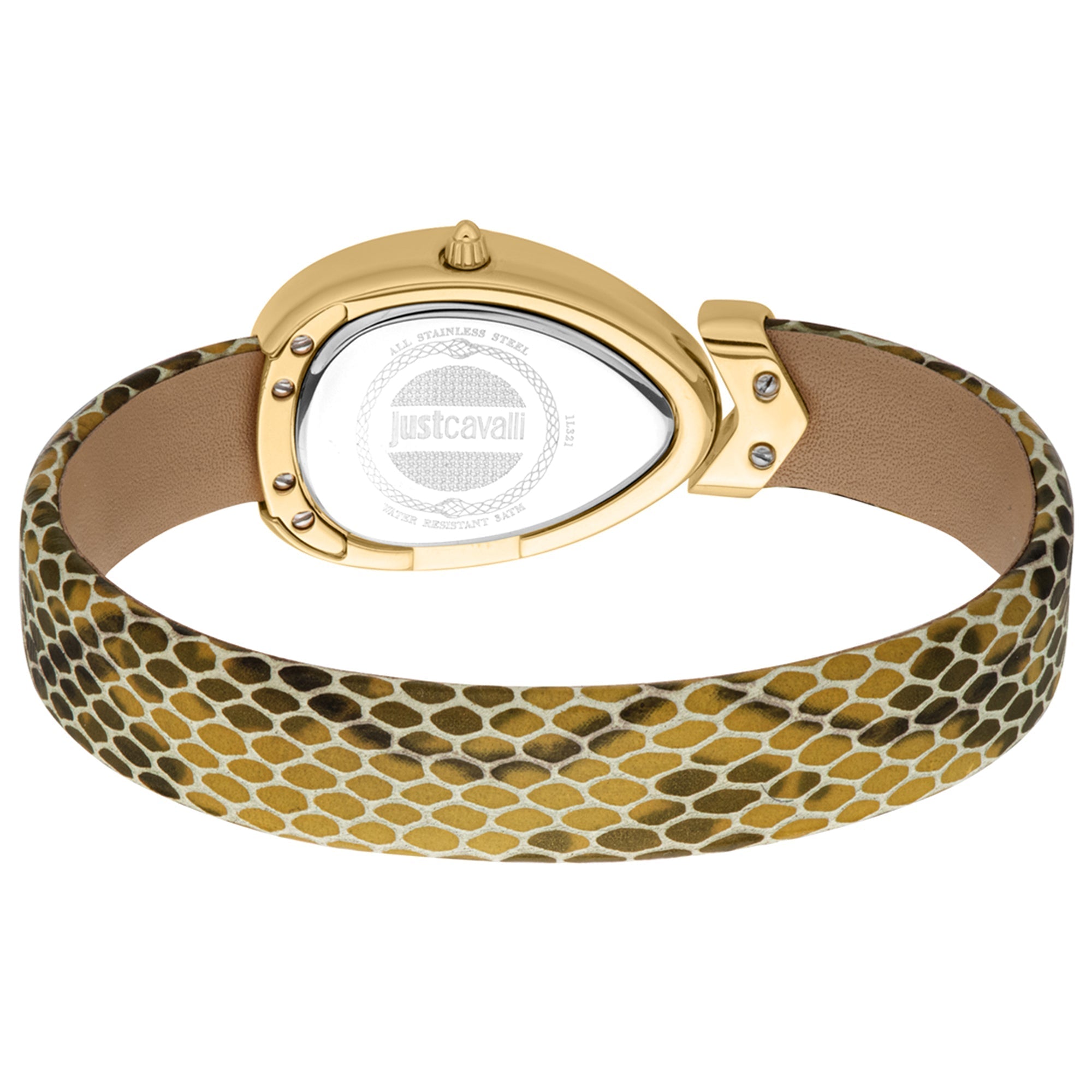 Back view of Just Cavalli gold watch showing caseback and full band