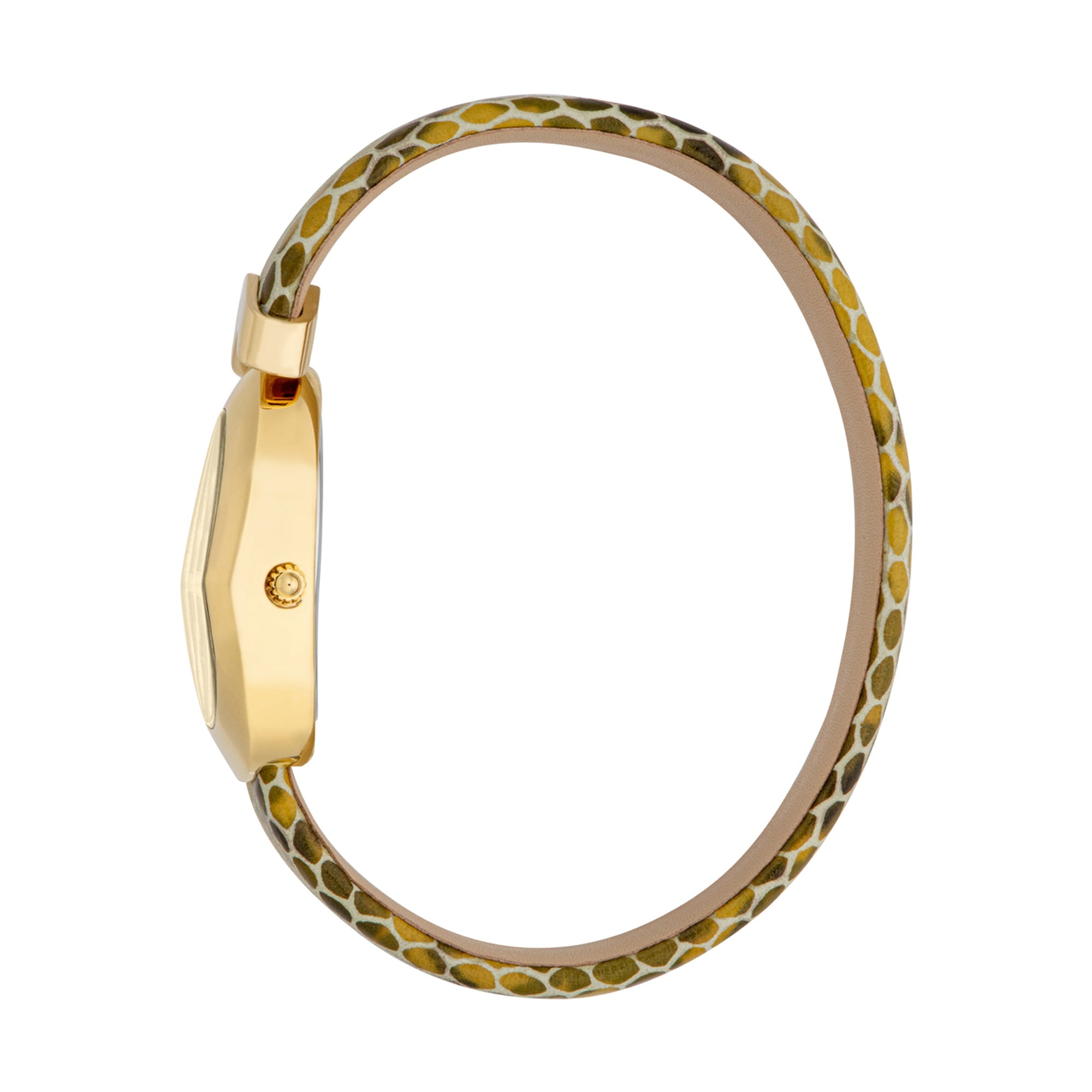 Side view of Just Cavalli gold watch with textured leather band