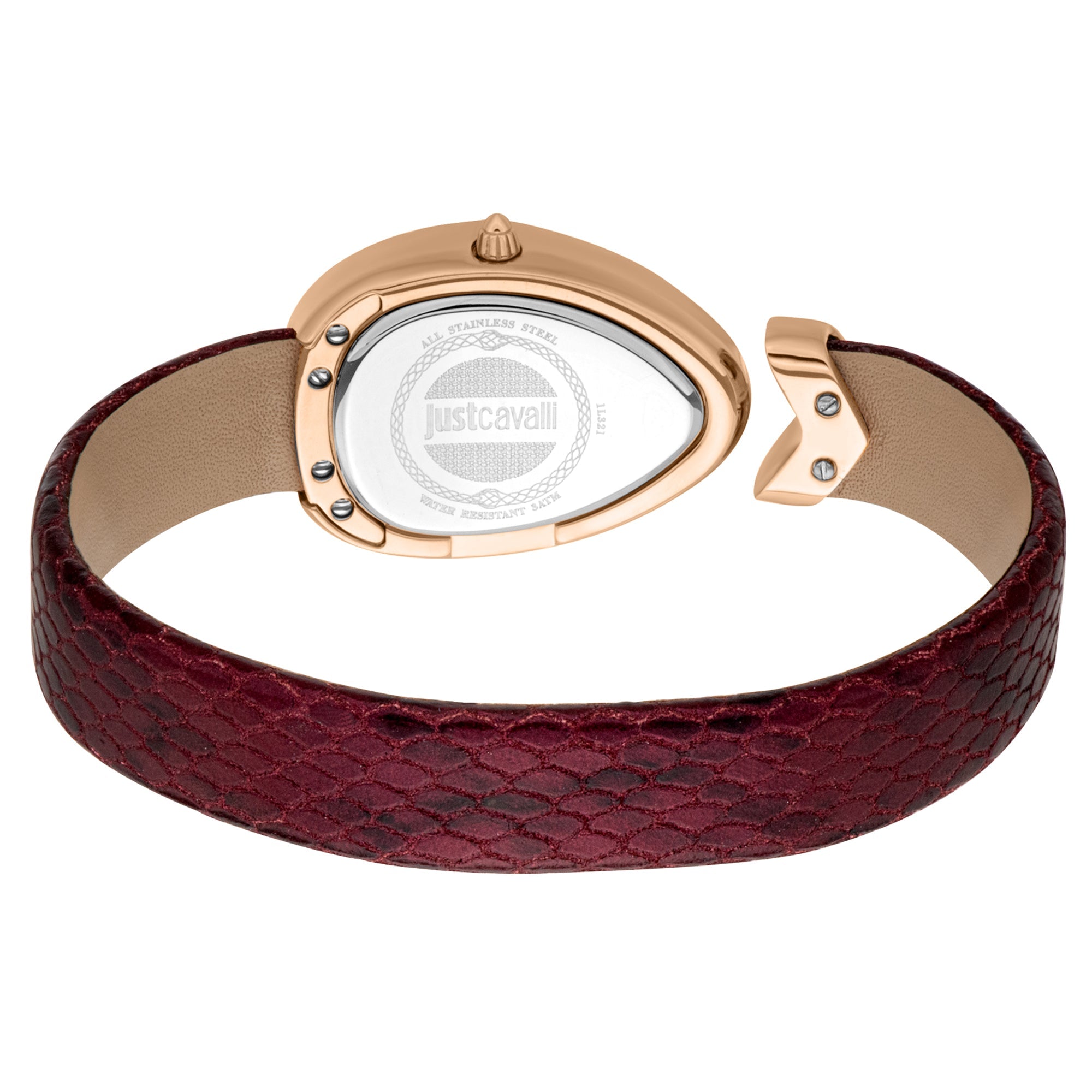 Just Cavalli Diversa caseback view showing rose gold case and burgundy snake texture leather strap