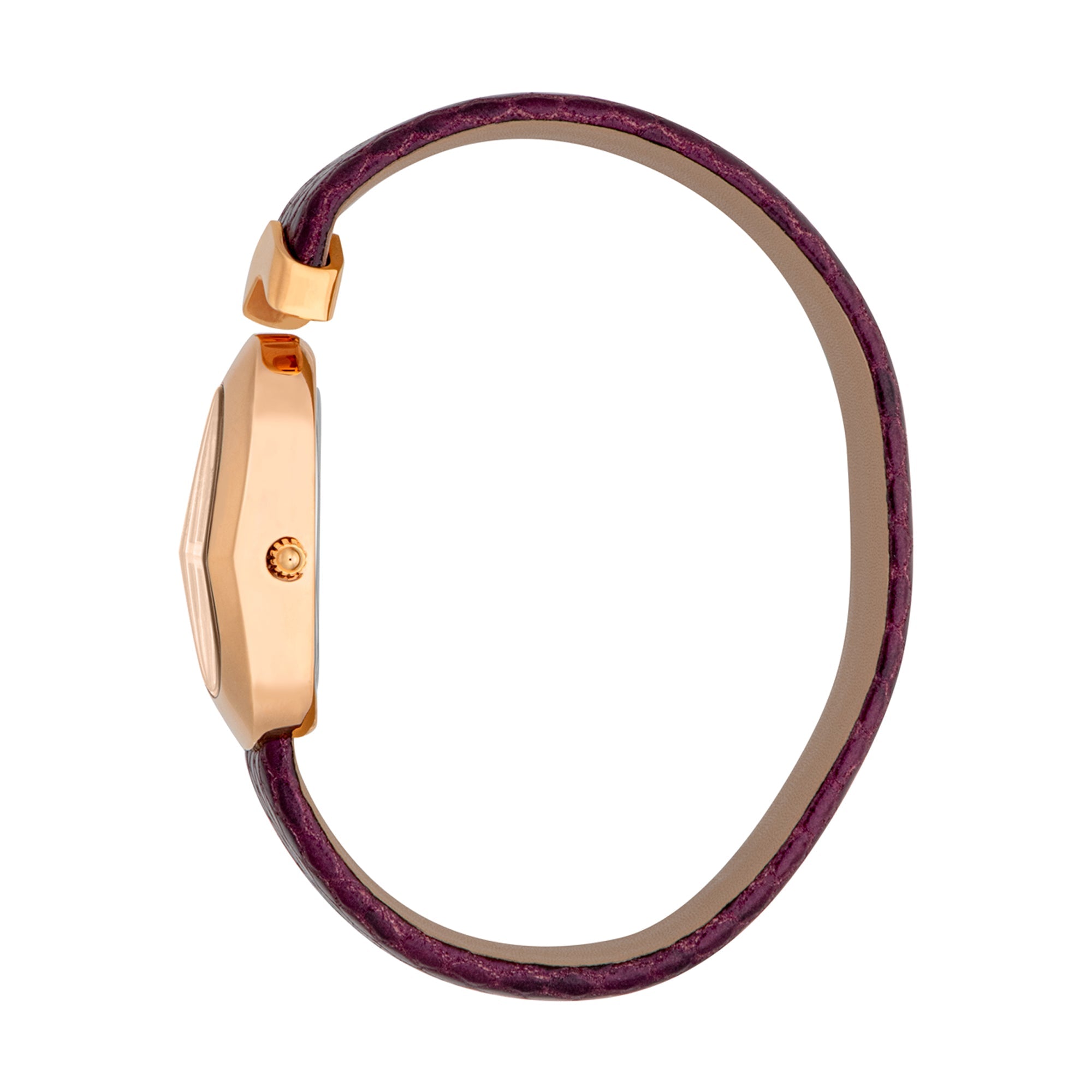Just Cavalli Diversa watch side view showing rose gold case profile and burgundy leather strap