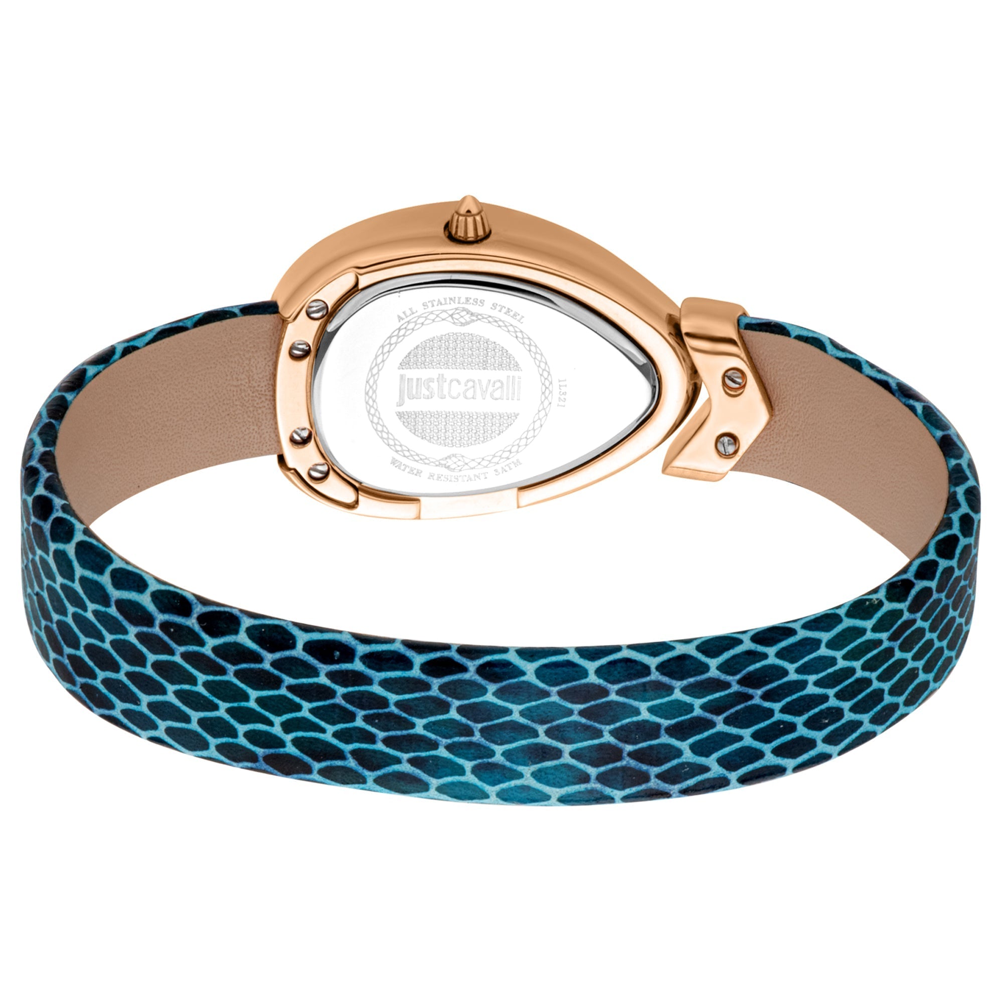 Caseback view of Just Cavalli watch showing rose gold case, engraved caseback, and blue strap