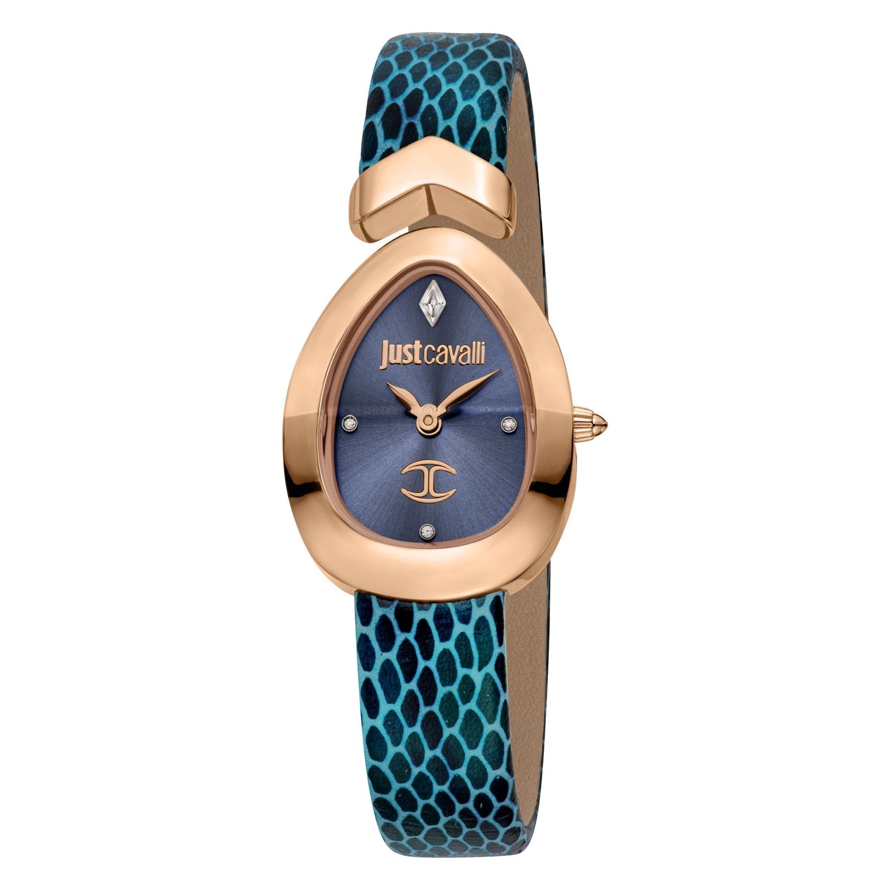 Just Cavalli rose gold watch with navy dial, rose gold hands, and blue patterned leather strap