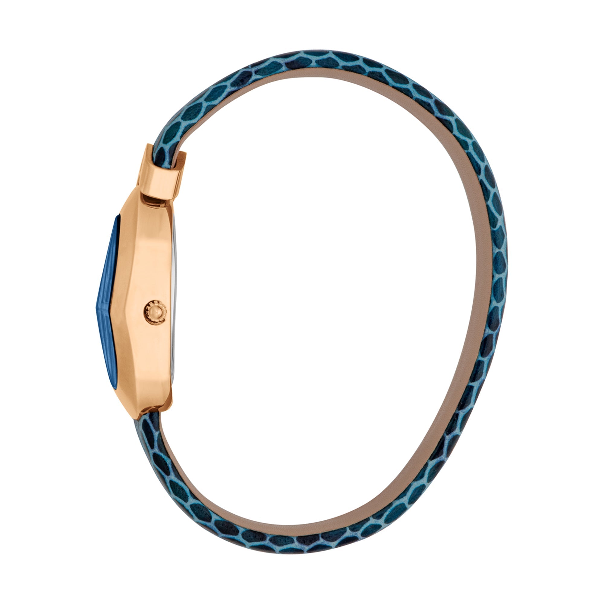 Side view of Just Cavalli watch showing rose gold case and blue python-textured leather strap