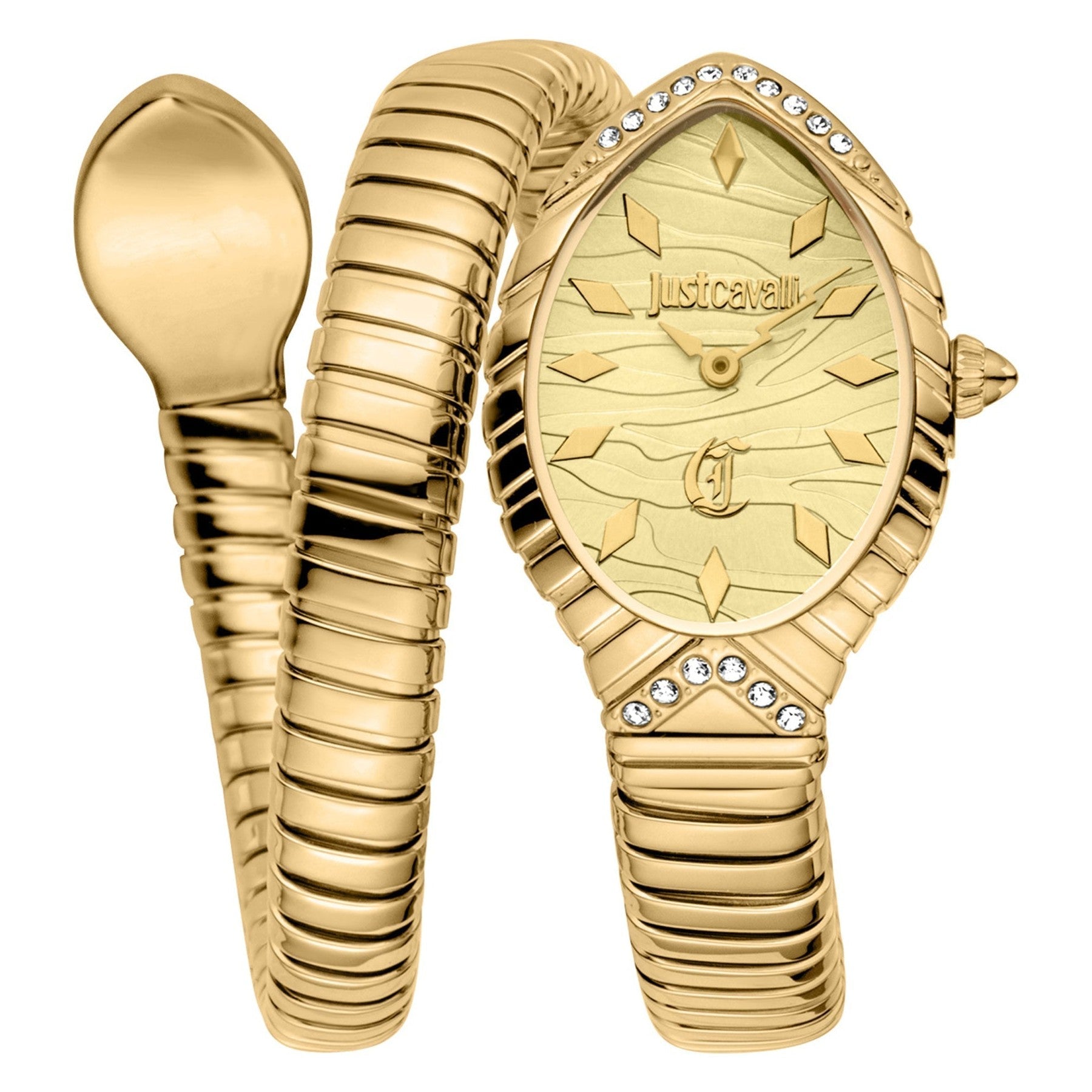 Just Cavalli Unica snake-shaped watch with gold-tone case, snake embellished dial, and flexible bracelet