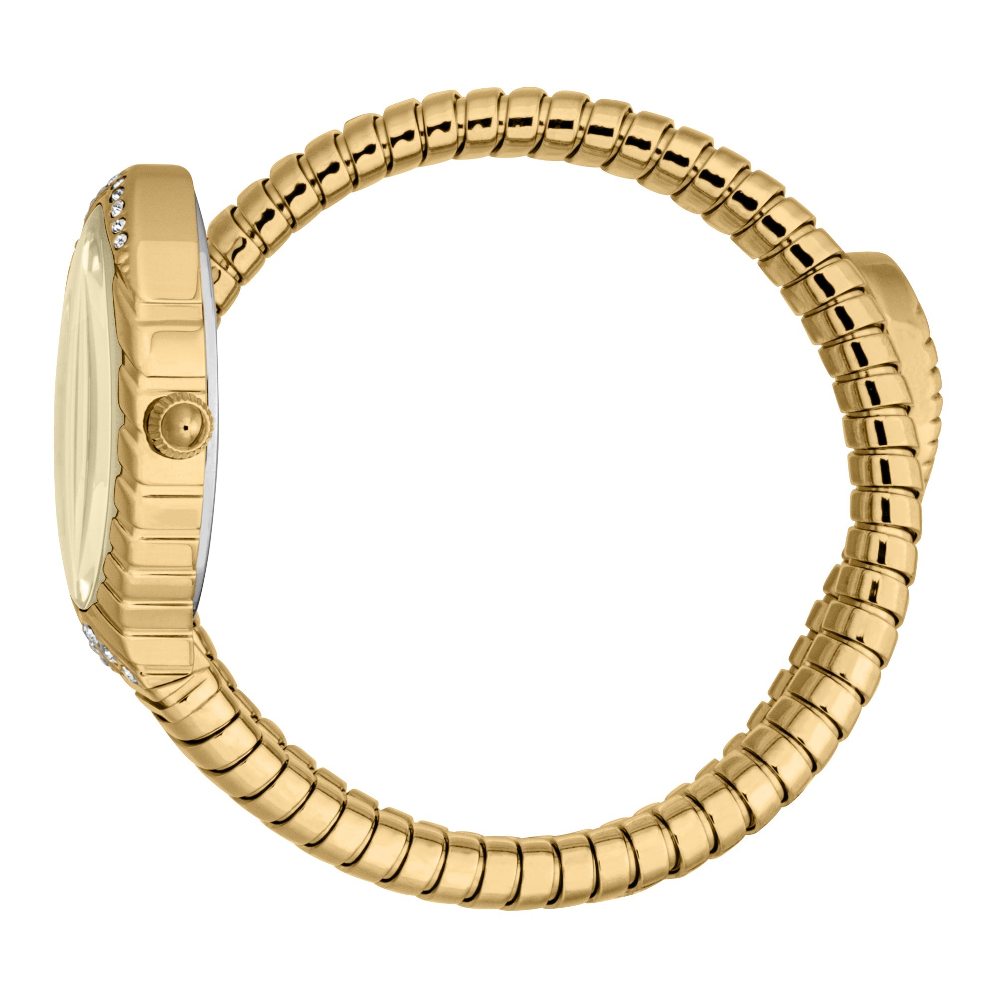 Just Cavalli Unica snake watch displayed on wrist, showing gold-tone case and coiled bracelet strap