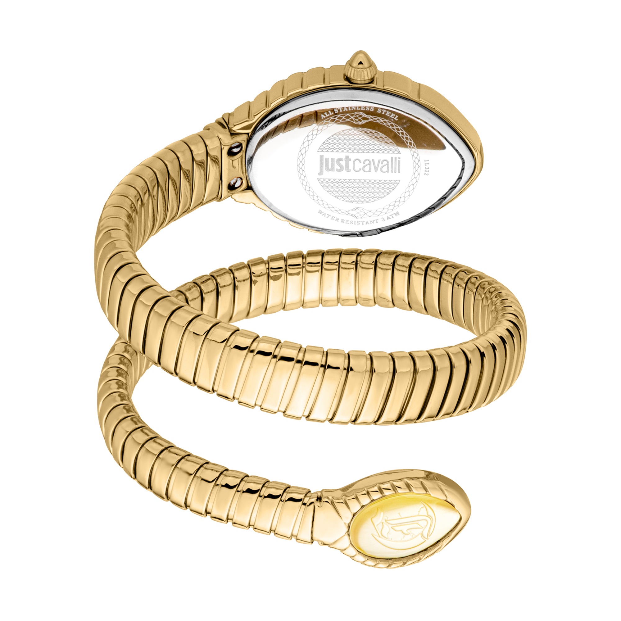 Side view of Just Cavalli Unica snake watch showing flexible coiled bracelet design