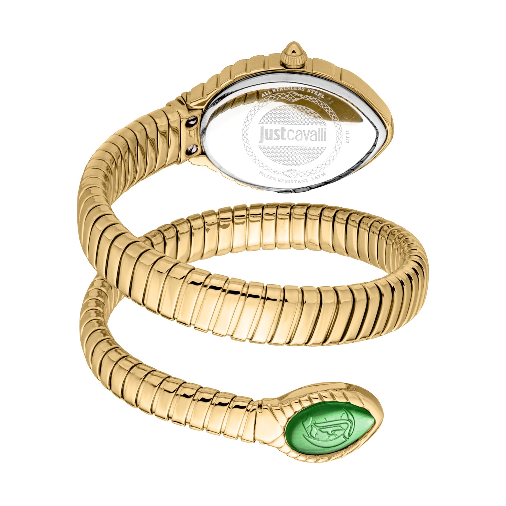 Snake-shaped watch showing coiled gold bracelet and green dial with Just Cavalli branding on caseback