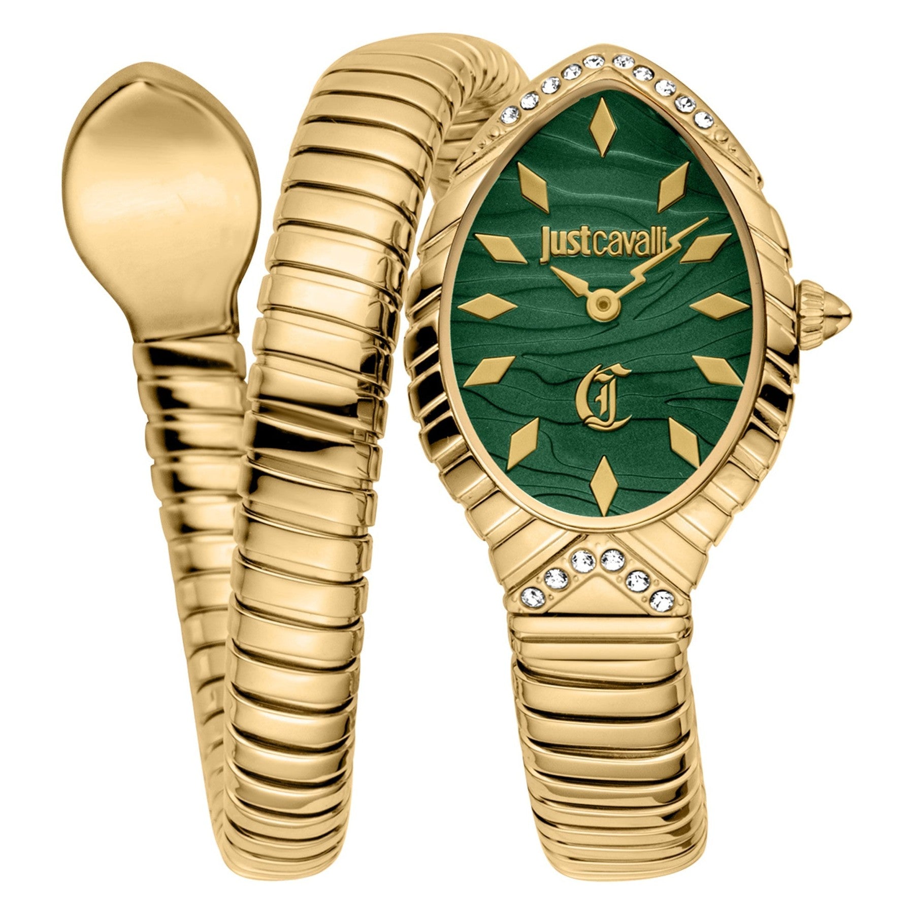 Just Cavalli Unica women's watch with snake-shaped design, green oval dial, gold-tone case and coiled bracelet