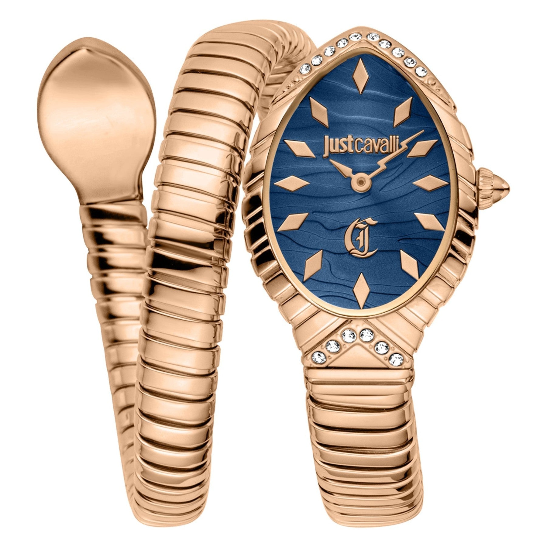 Just Cavalli Signature Snake rose gold watch with blue oval dial and coiled snake bracelet