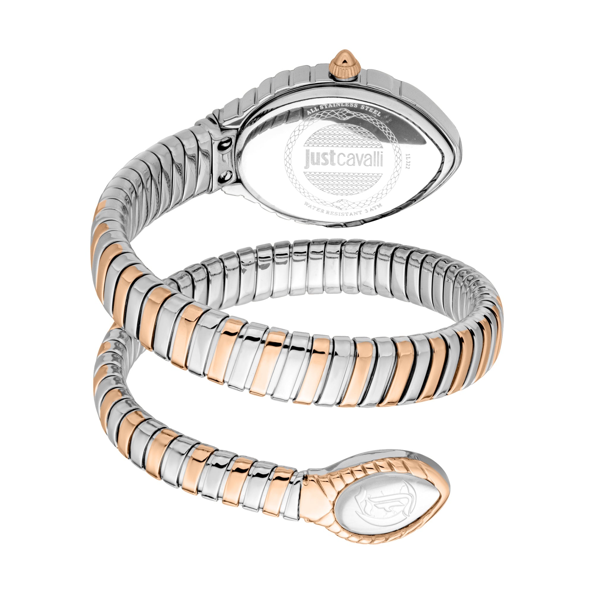 Coiled view of Just Cavalli Unica Snake bracelet showing rose gold and silver segmented snake-design pattern