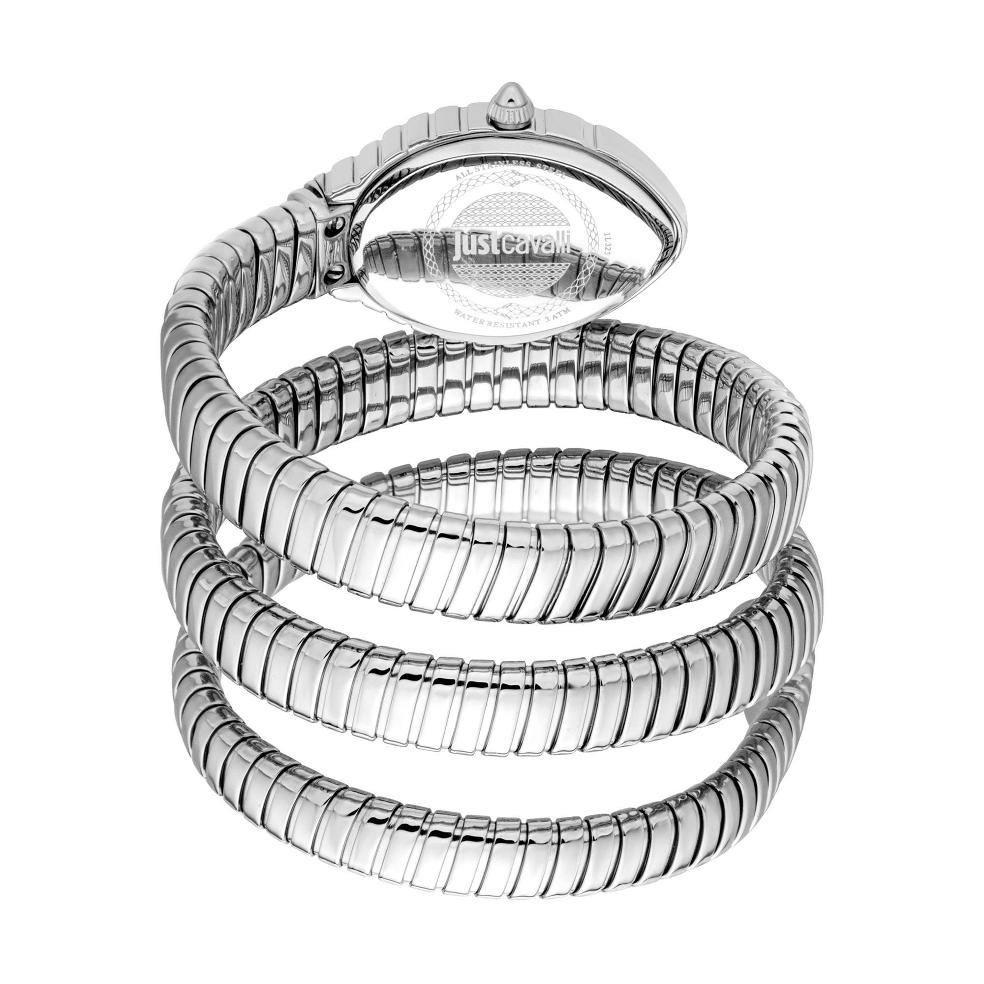 Just Cavalli watch with triple-wrapped snake-coil bracelet design shown from above