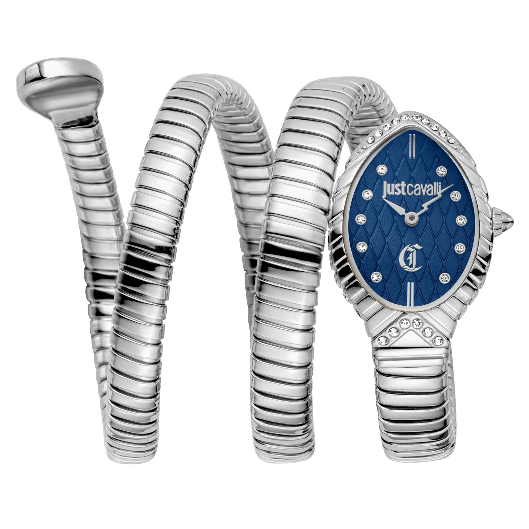 Just Cavalli Glam Chic women's watch with blue dial, silver-tone case, crystal bezel, and snake-coil bracelet