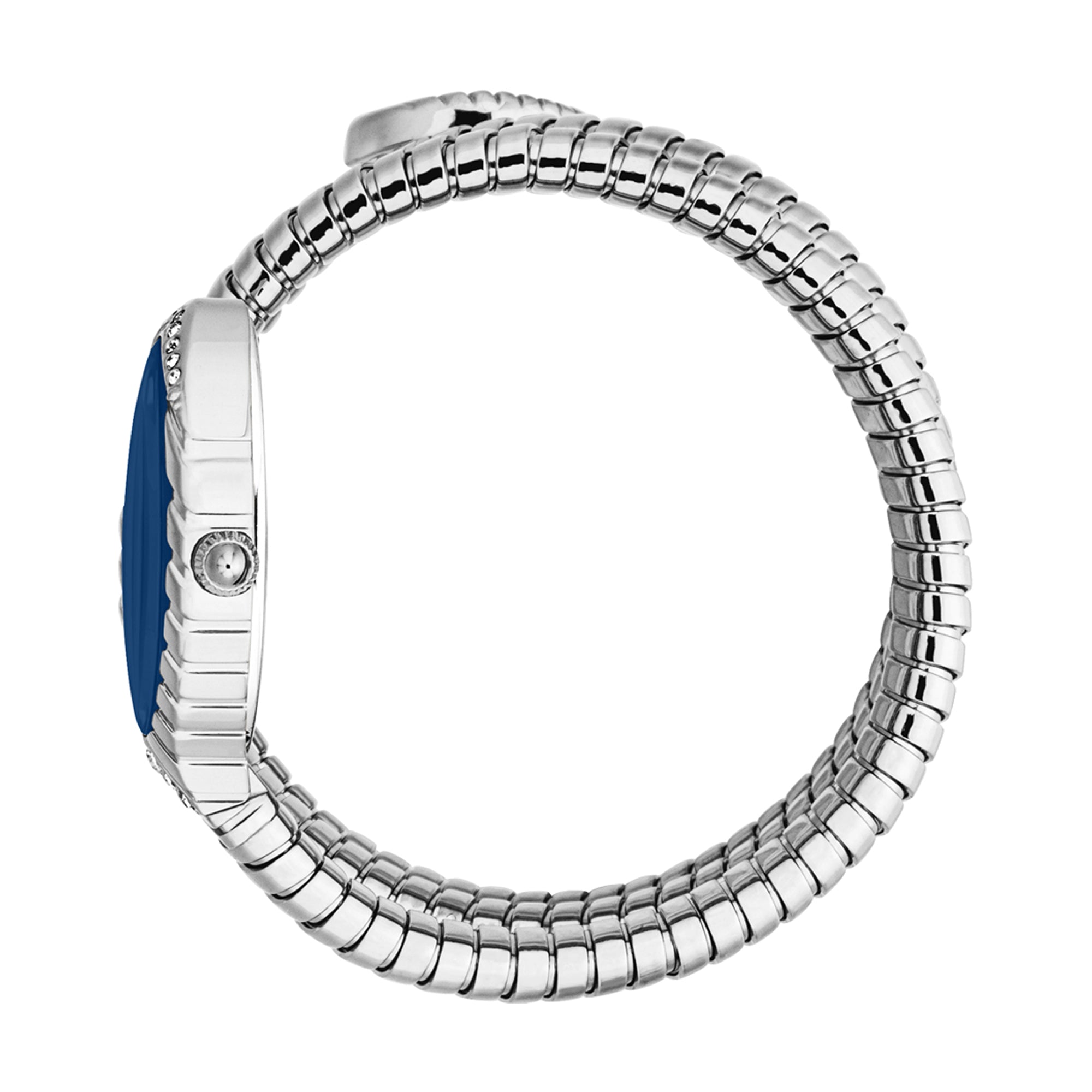 Just Cavalli women's watch side view showing blue dial and silver-tone coiled snake bracelet