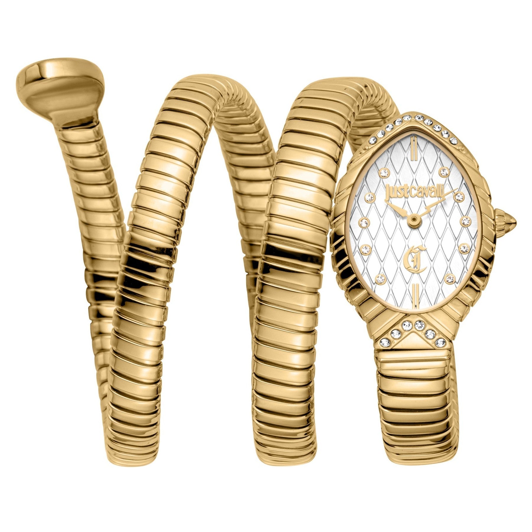 Just Cavalli Specchio gold watch with silver dial and coiled snake strap