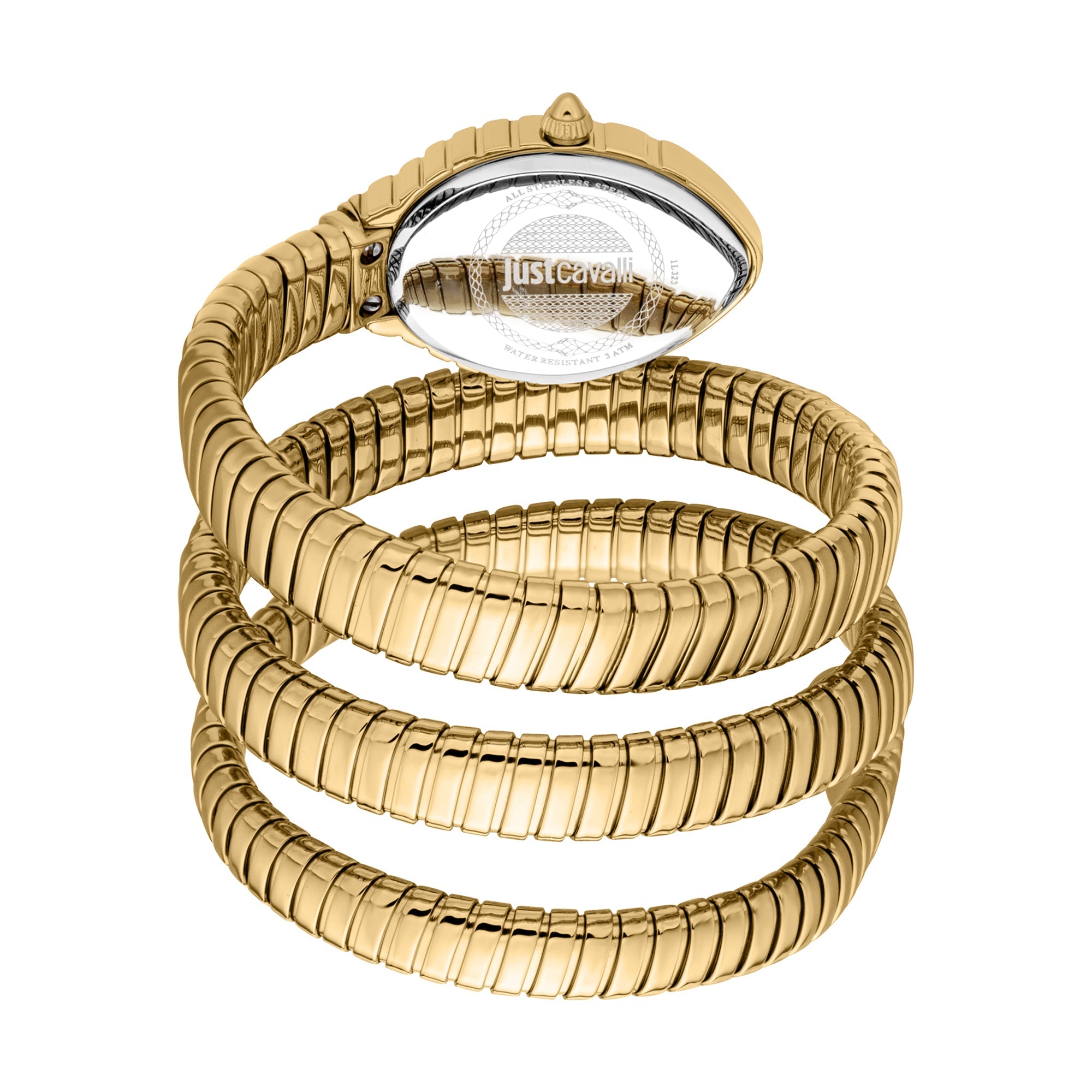 Coiled gold snake strap wraparound design with Just Cavalli branding
