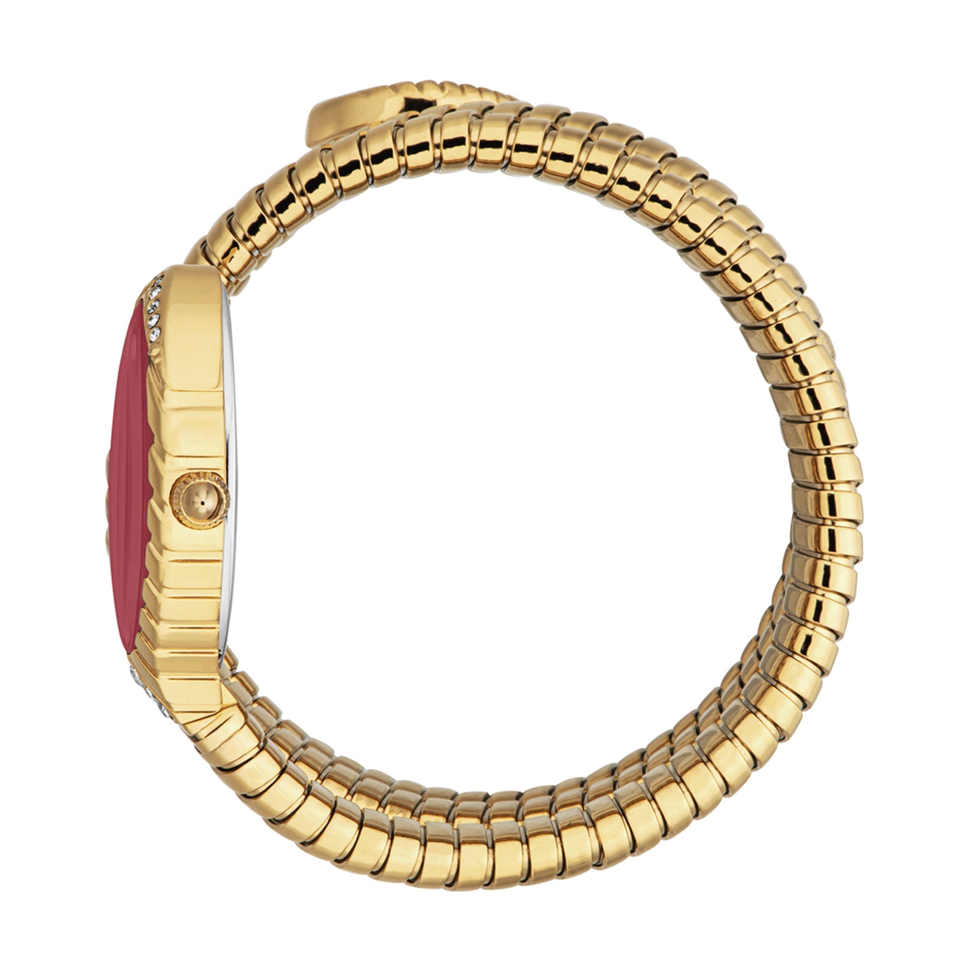 Side view of Just Cavalli Specchio watch with red dial and snake coil bracelet