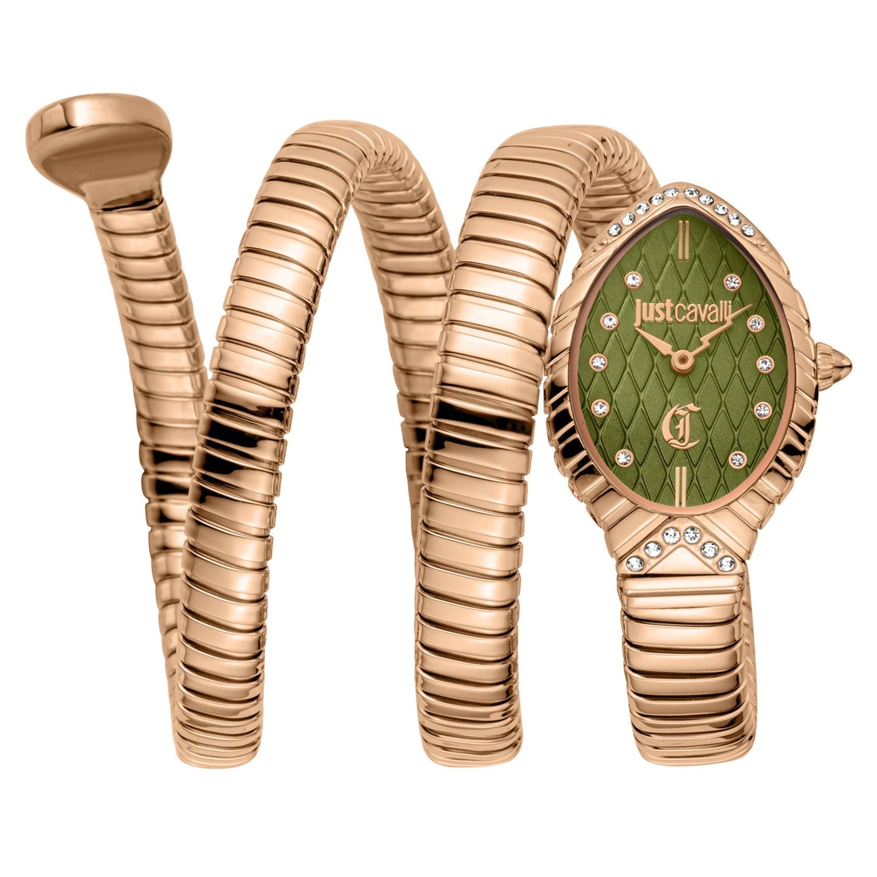 Just Cavalli Specchio Snake watch with green quilted dial, rose gold snake bracelet, and crystal-set bezel