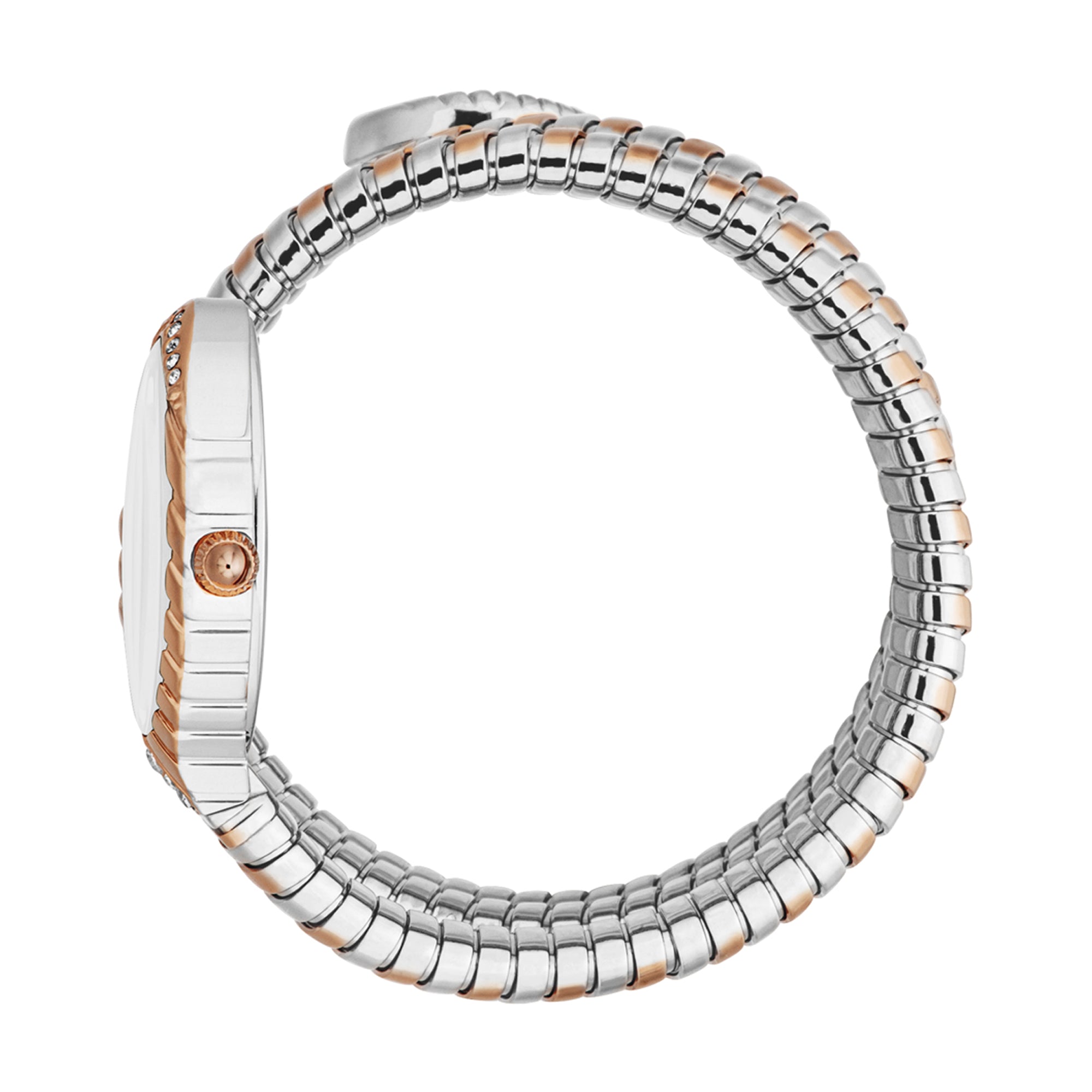 Just Cavalli Specchio women's watch angled side view showing two-tone steel and rose gold bracelet